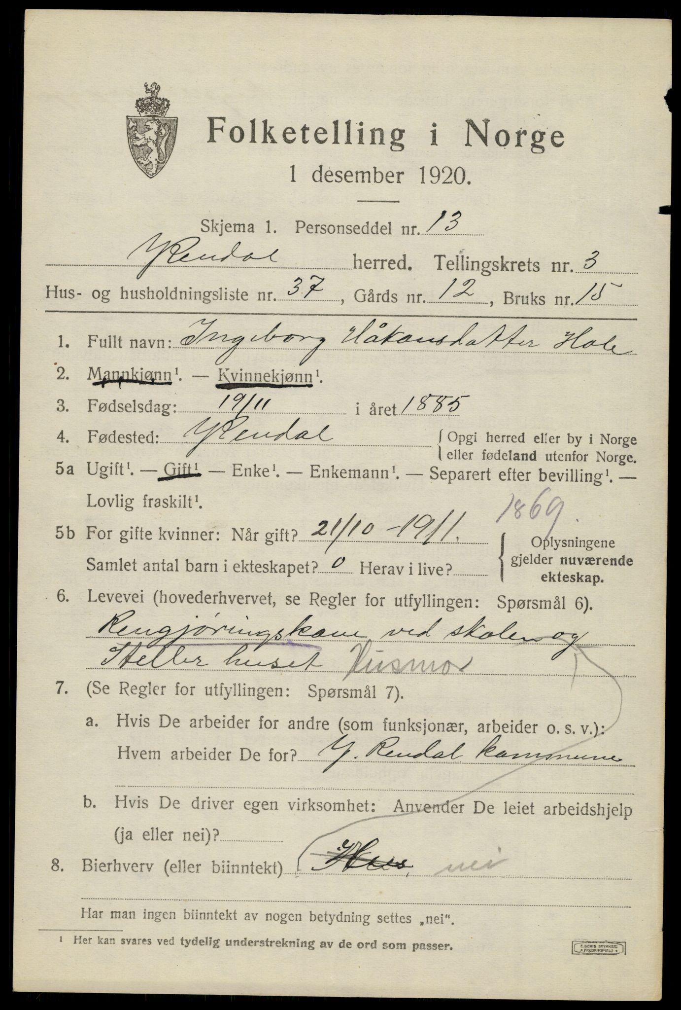 SAH, 1920 census for Ytre Rendal, 1920, p. 2047