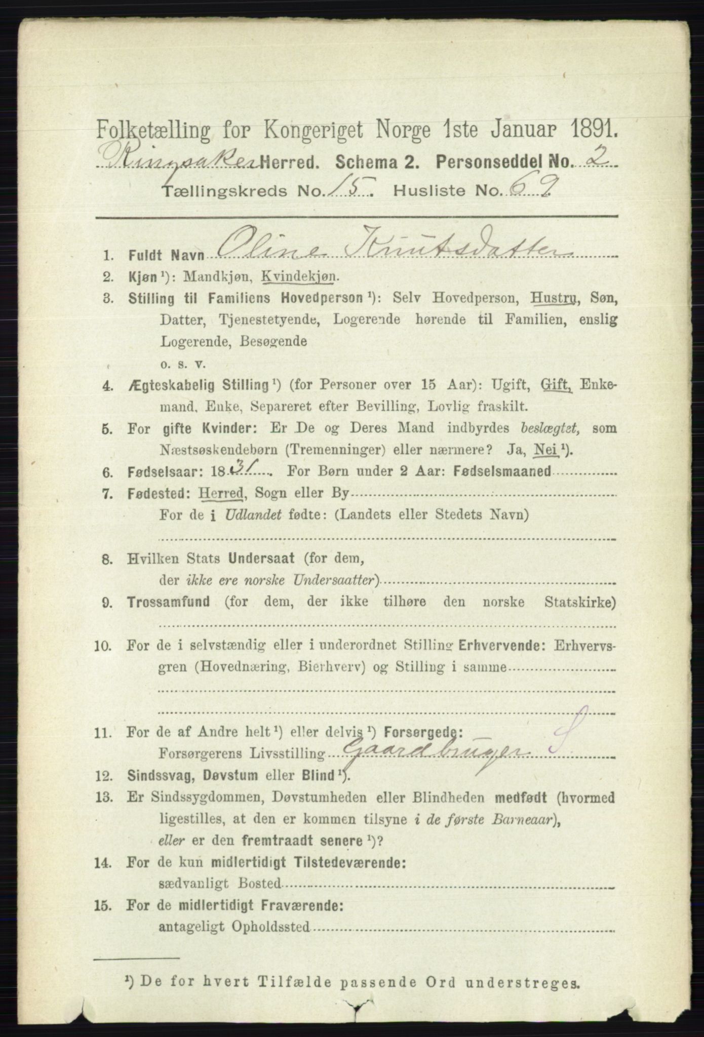 RA, 1891 census for 0412 Ringsaker, 1891, p. 8907