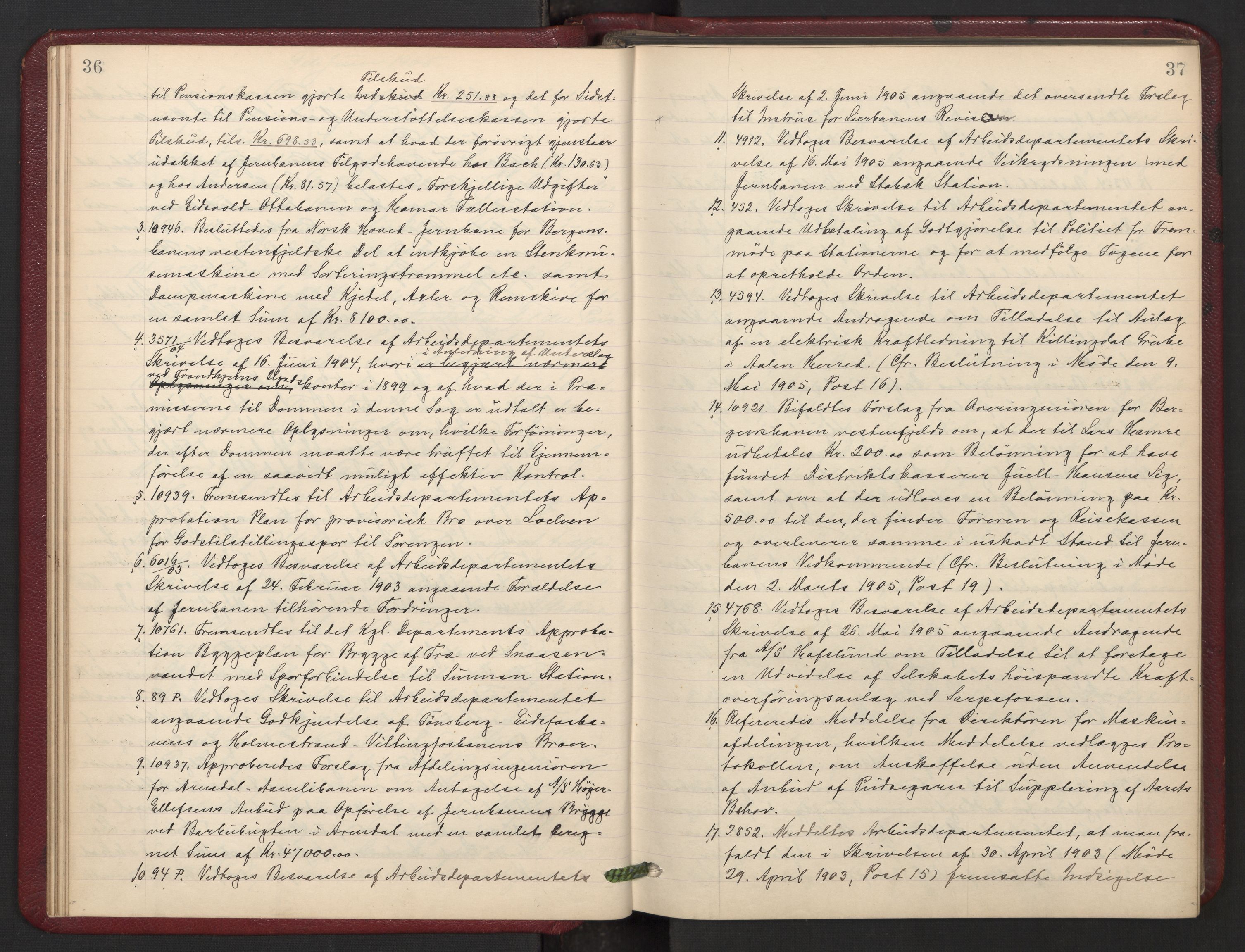 Norges statsbaner, Administrasjons- økonomi- og personalavdelingen, AV/RA-S-3412/A/Aa/L0008: Forhandlingsprotokoll, 1905-1907, p. 36-37