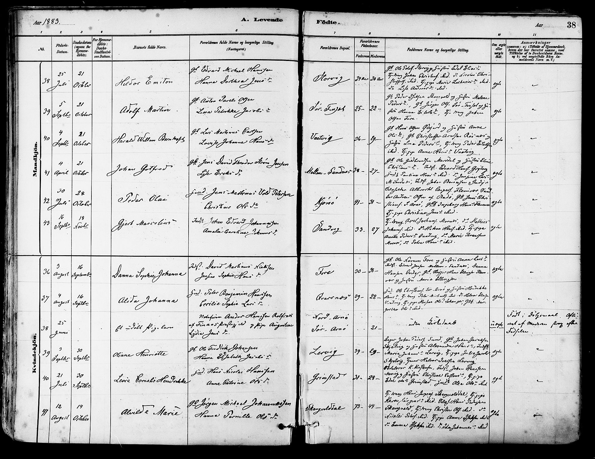 Ministerialprotokoller, klokkerbøker og fødselsregistre - Nordland, AV/SAT-A-1459/805/L0099: Parish register (official) no. 805A06, 1880-1891, p. 38