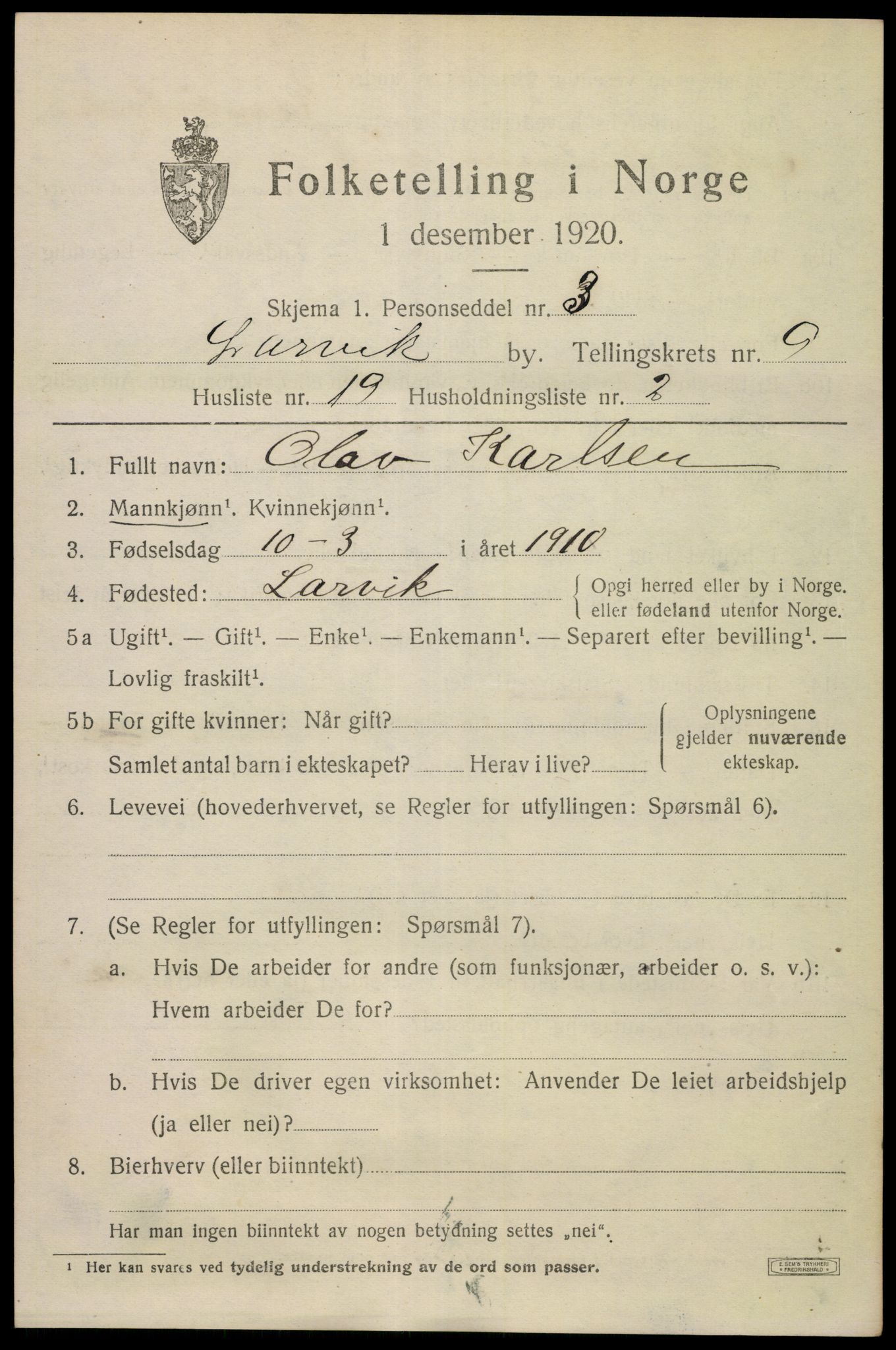 SAKO, 1920 census for Larvik, 1920, p. 24900