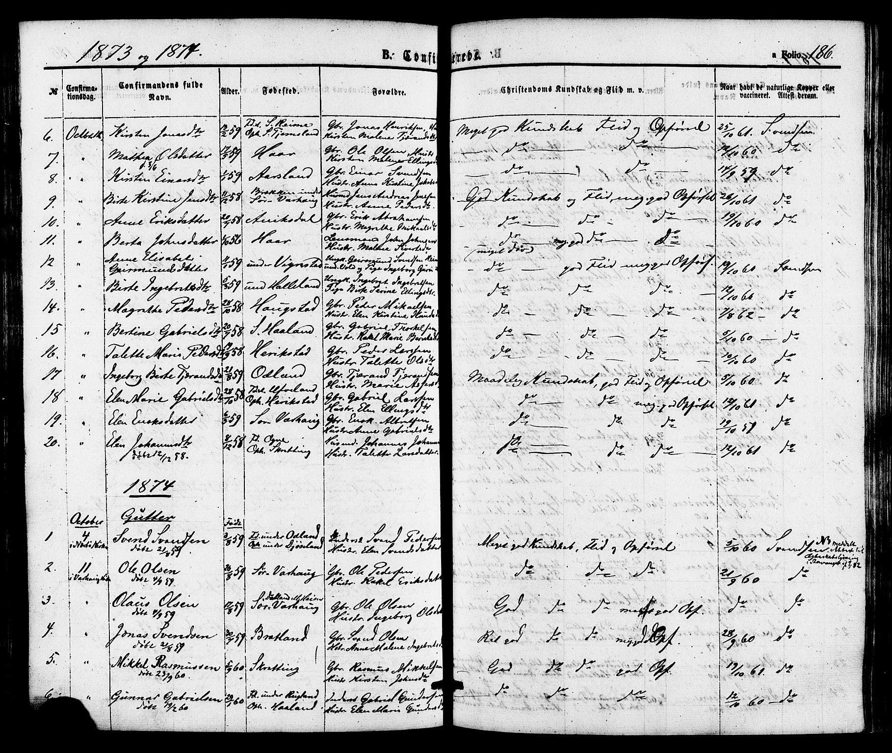 Hå sokneprestkontor, AV/SAST-A-101801/001/30BA/L0009: Parish register (official) no. A 8, 1855-1878, p. 186