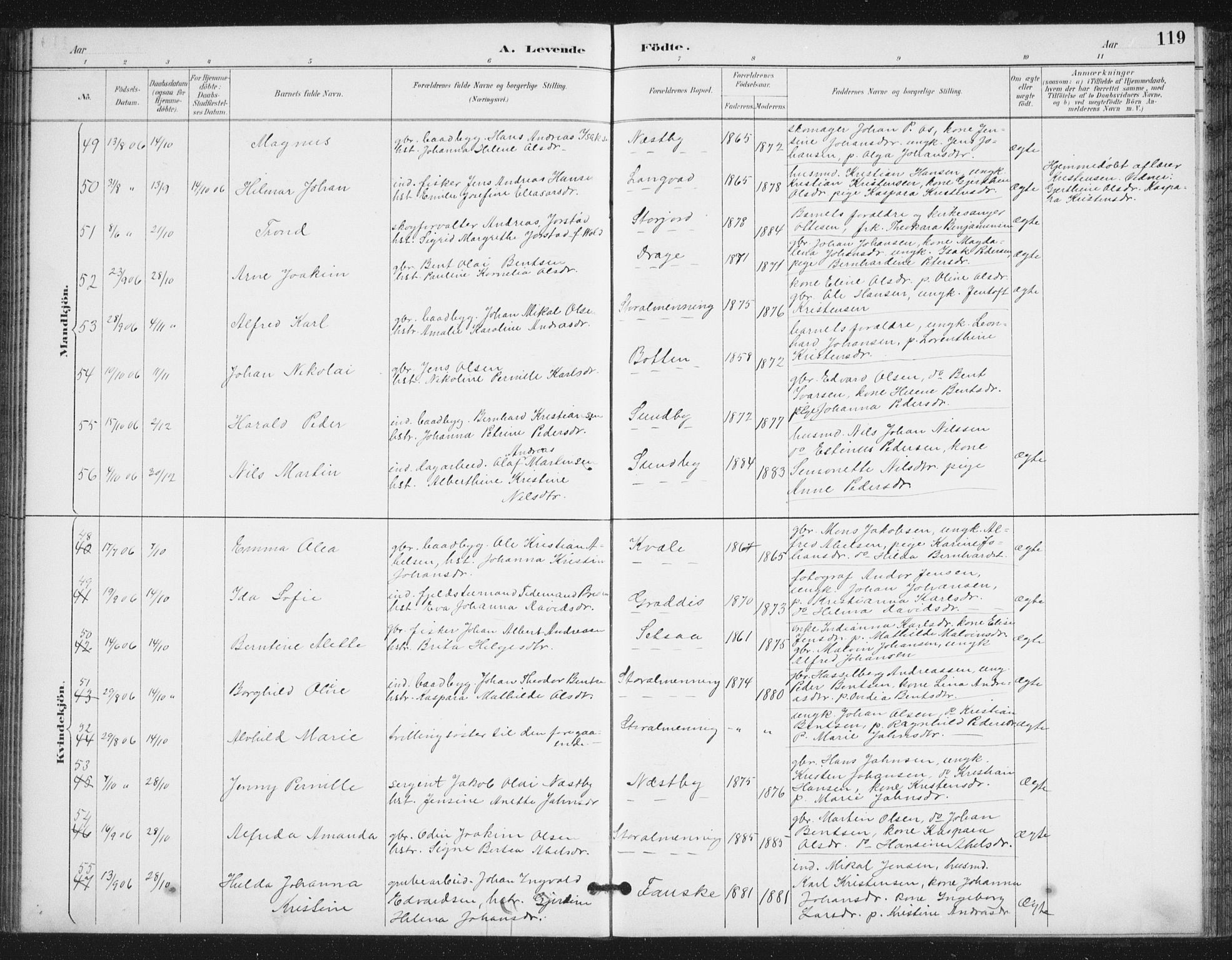 Ministerialprotokoller, klokkerbøker og fødselsregistre - Nordland, SAT/A-1459/847/L0682: Parish register (copy) no. 847C10, 1889-1907, p. 119