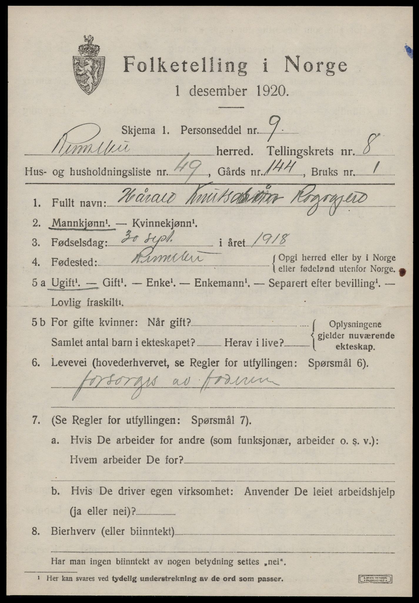 SAT, 1920 census for Rennebu, 1920, p. 5804