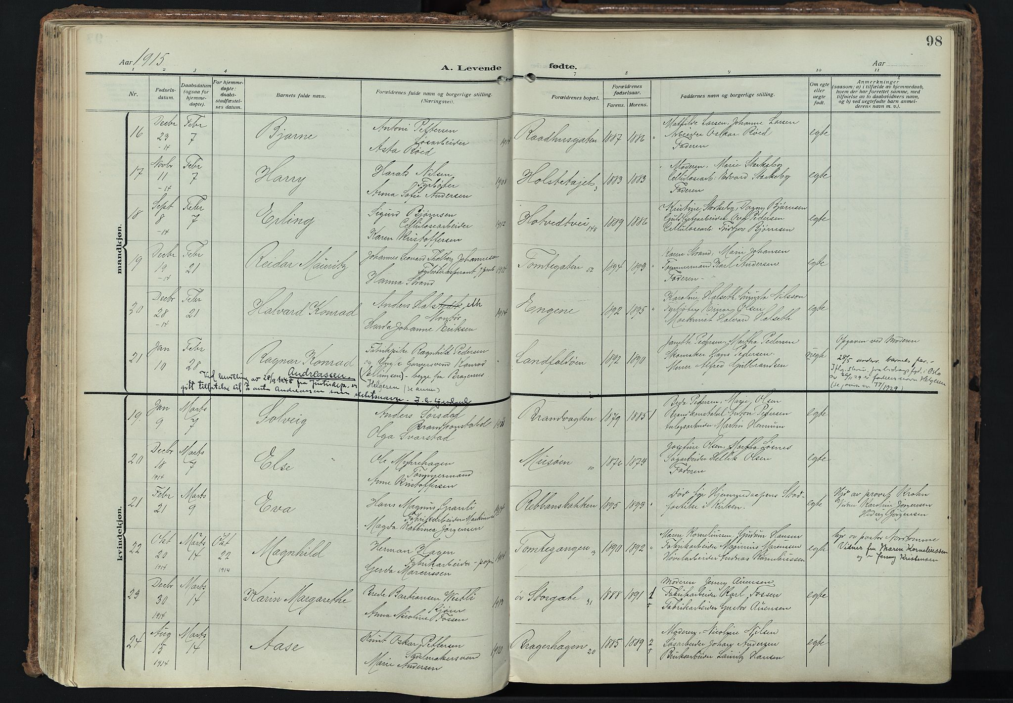 Bragernes kirkebøker, SAKO/A-6/F/Fb/L0010: Parish register (official) no. II 10, 1911-1922, p. 98