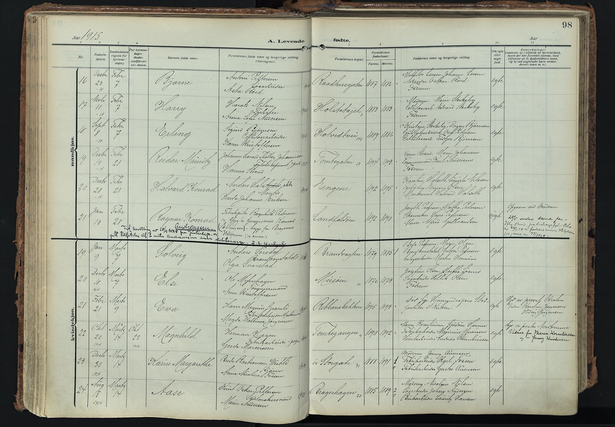 Bragernes kirkebøker, AV/SAKO-A-6/F/Fb/L0010: Parish register (official) no. II 10, 1911-1922, p. 98