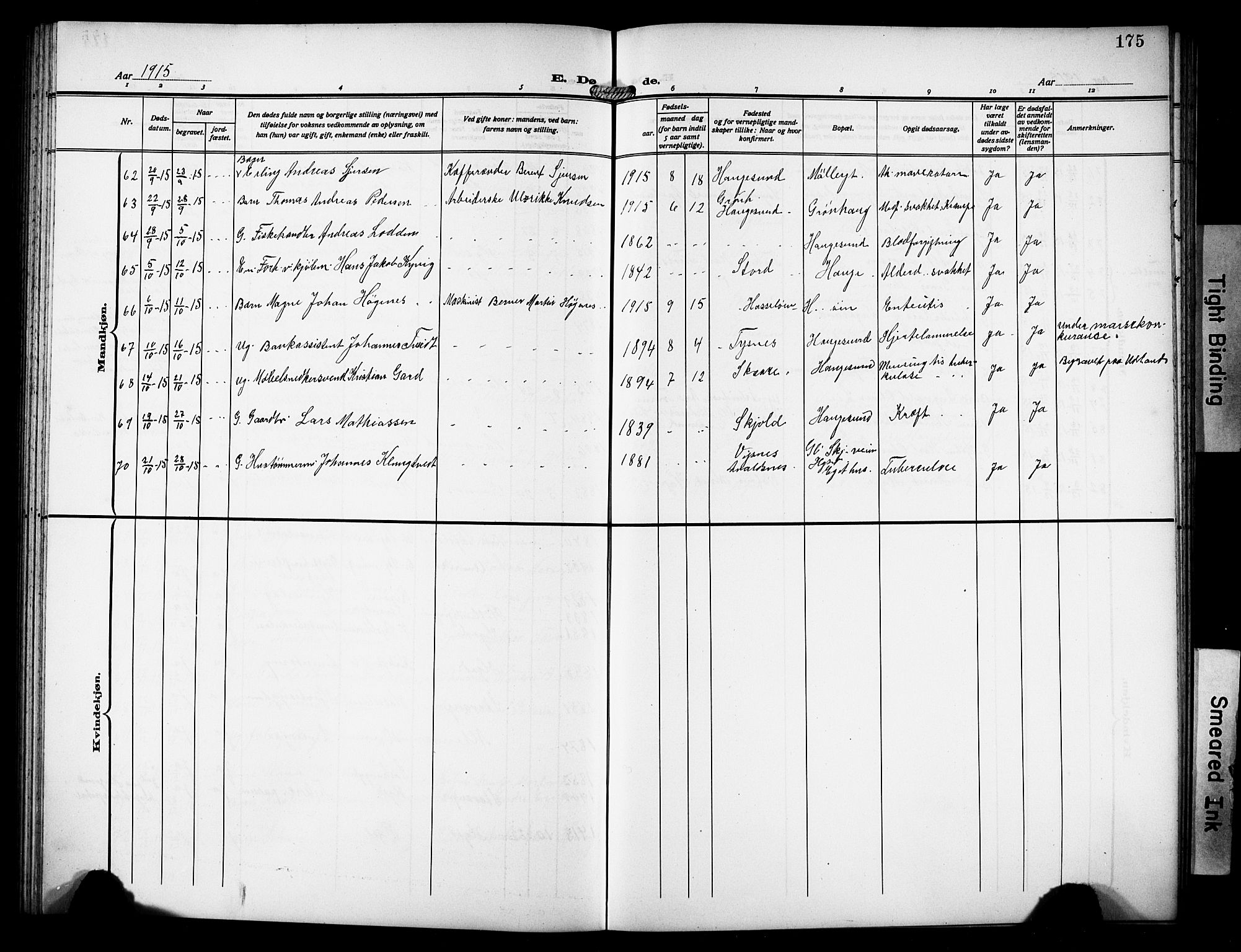 Haugesund sokneprestkontor, AV/SAST-A -101863/H/Ha/Hab/L0008: Parish register (copy) no. B 8, 1909-1921, p. 175