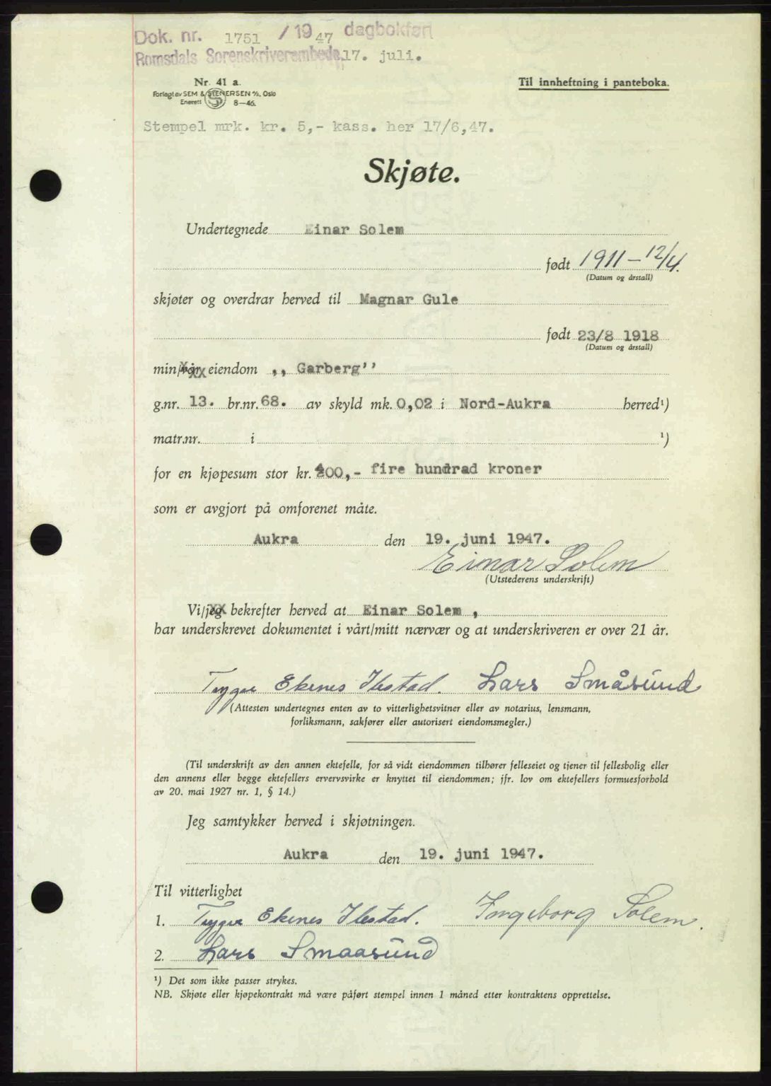 Romsdal sorenskriveri, AV/SAT-A-4149/1/2/2C: Mortgage book no. A23, 1947-1947, Diary no: : 1751/1947