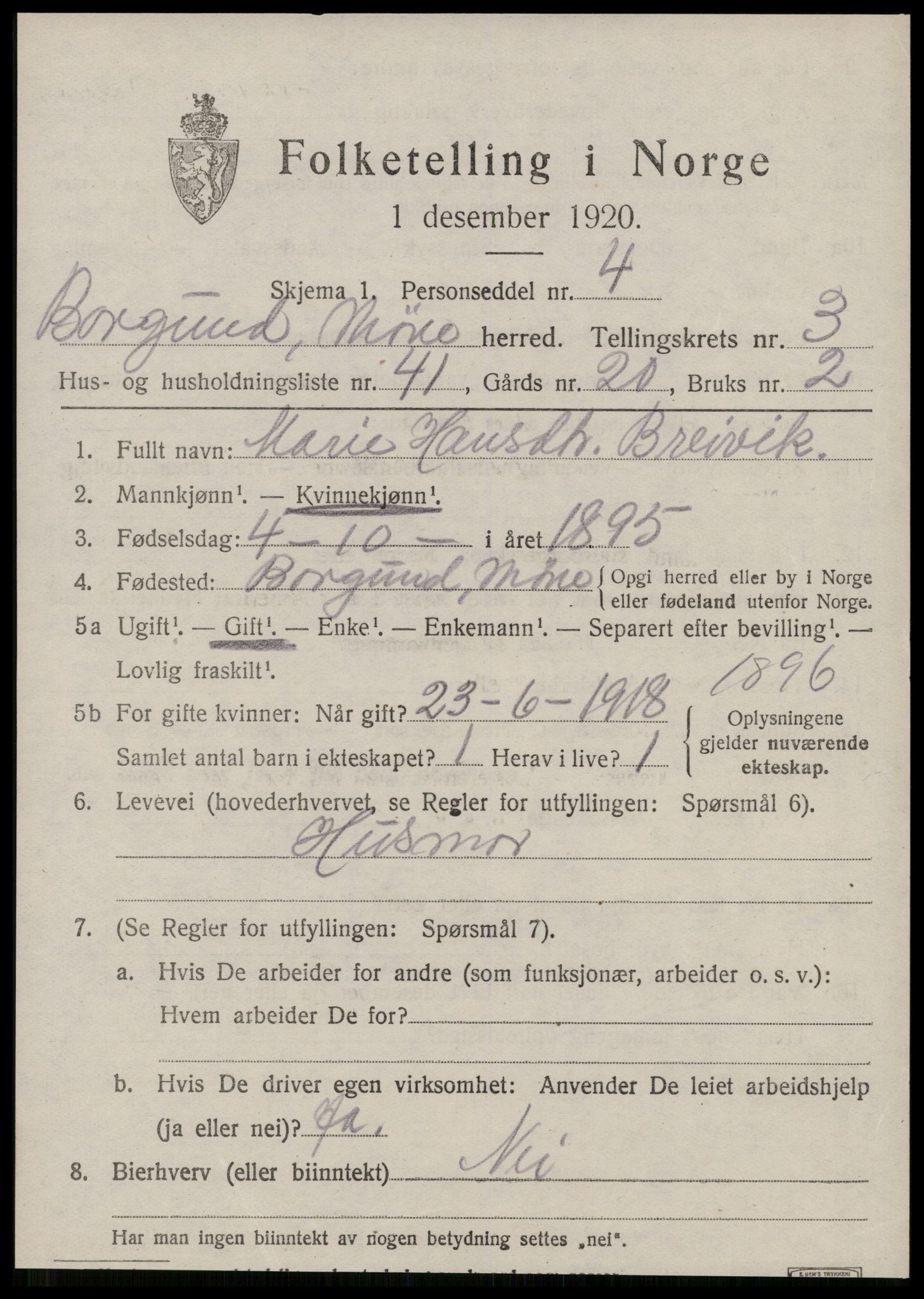 SAT, 1920 census for Borgund, 1920, p. 3856