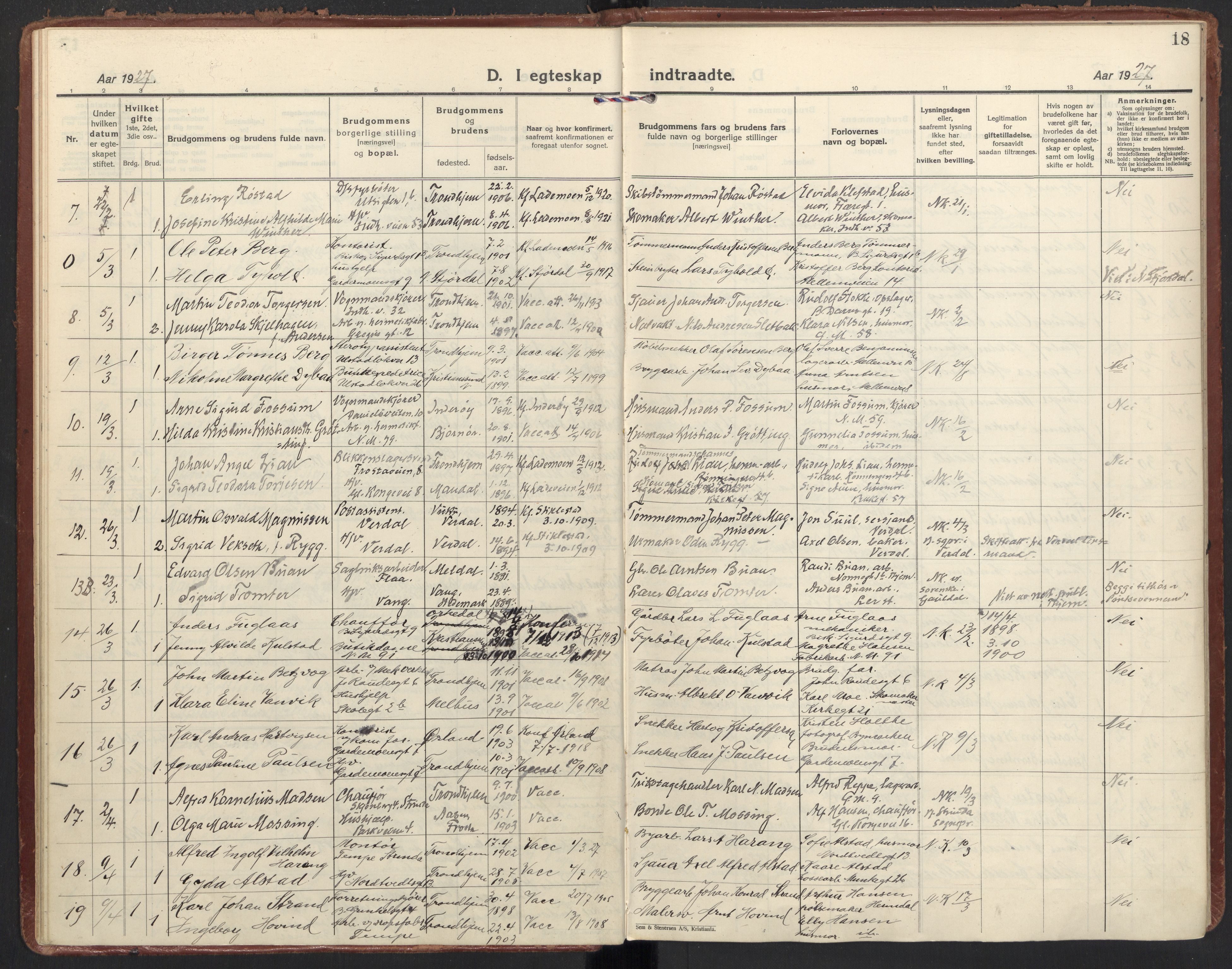 Ministerialprotokoller, klokkerbøker og fødselsregistre - Sør-Trøndelag, SAT/A-1456/605/L0249: Parish register (official) no. 605A11, 1925-1936, p. 18