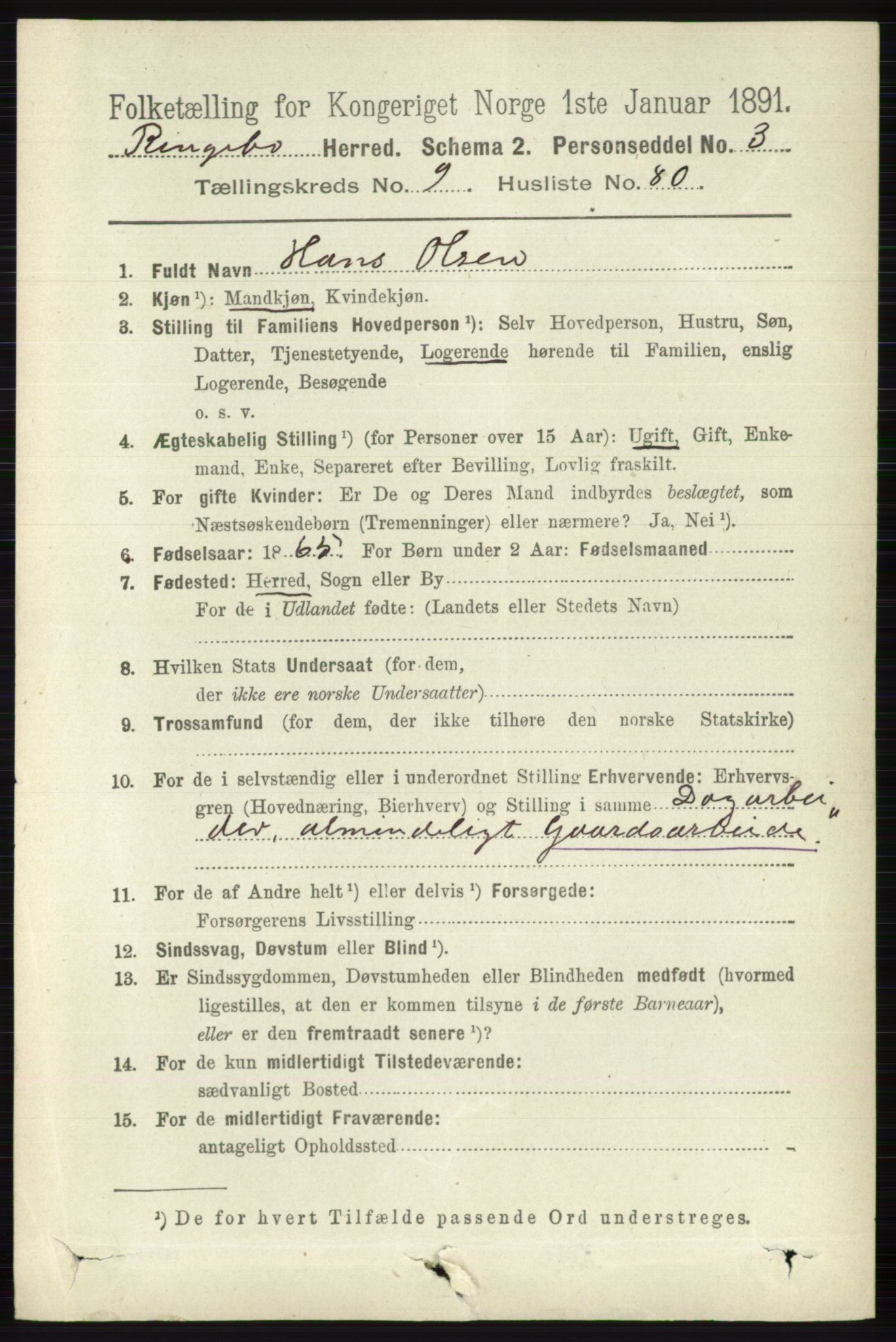 RA, 1891 census for 0520 Ringebu, 1891, p. 4732