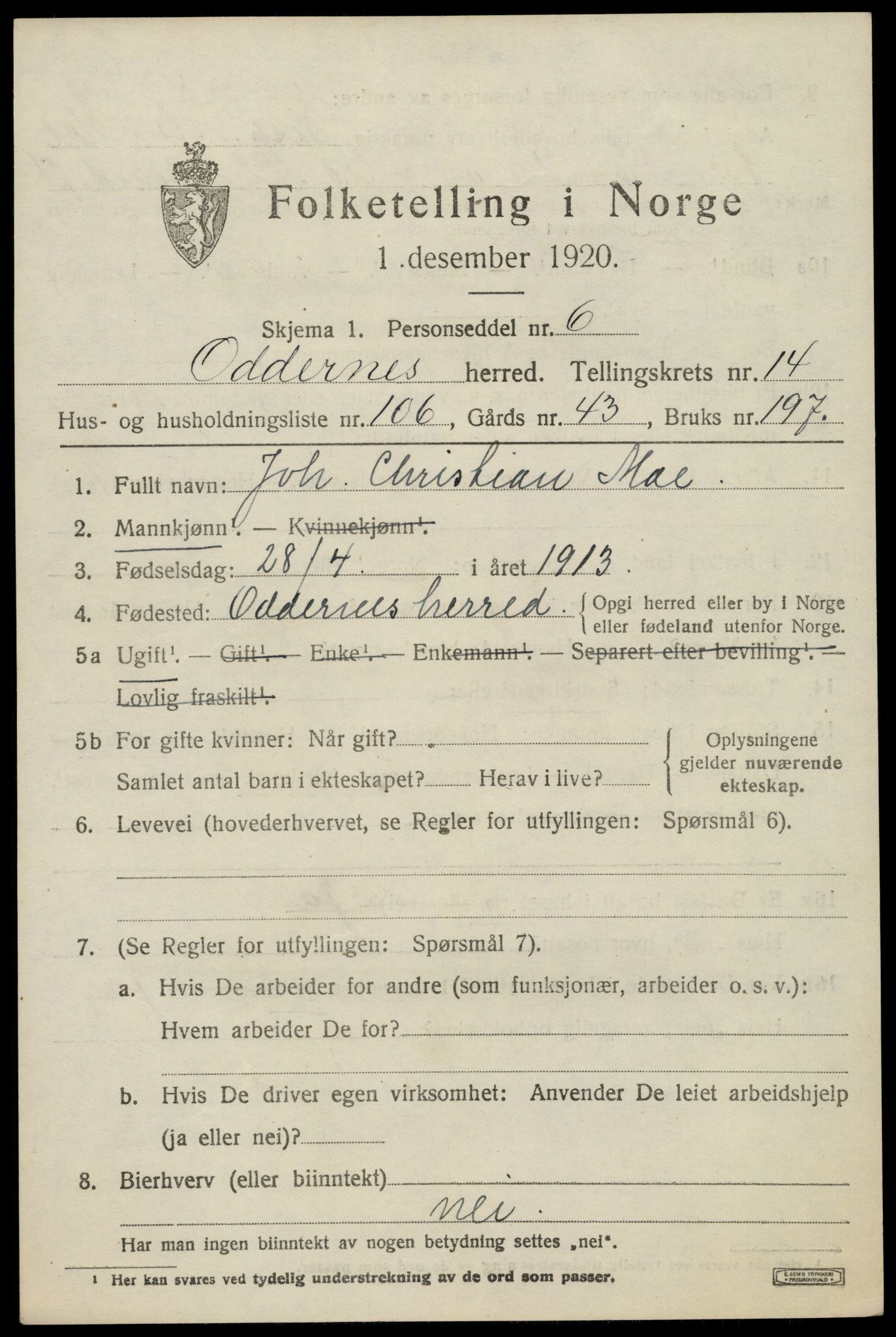 SAK, 1920 census for Oddernes, 1920, p. 9853