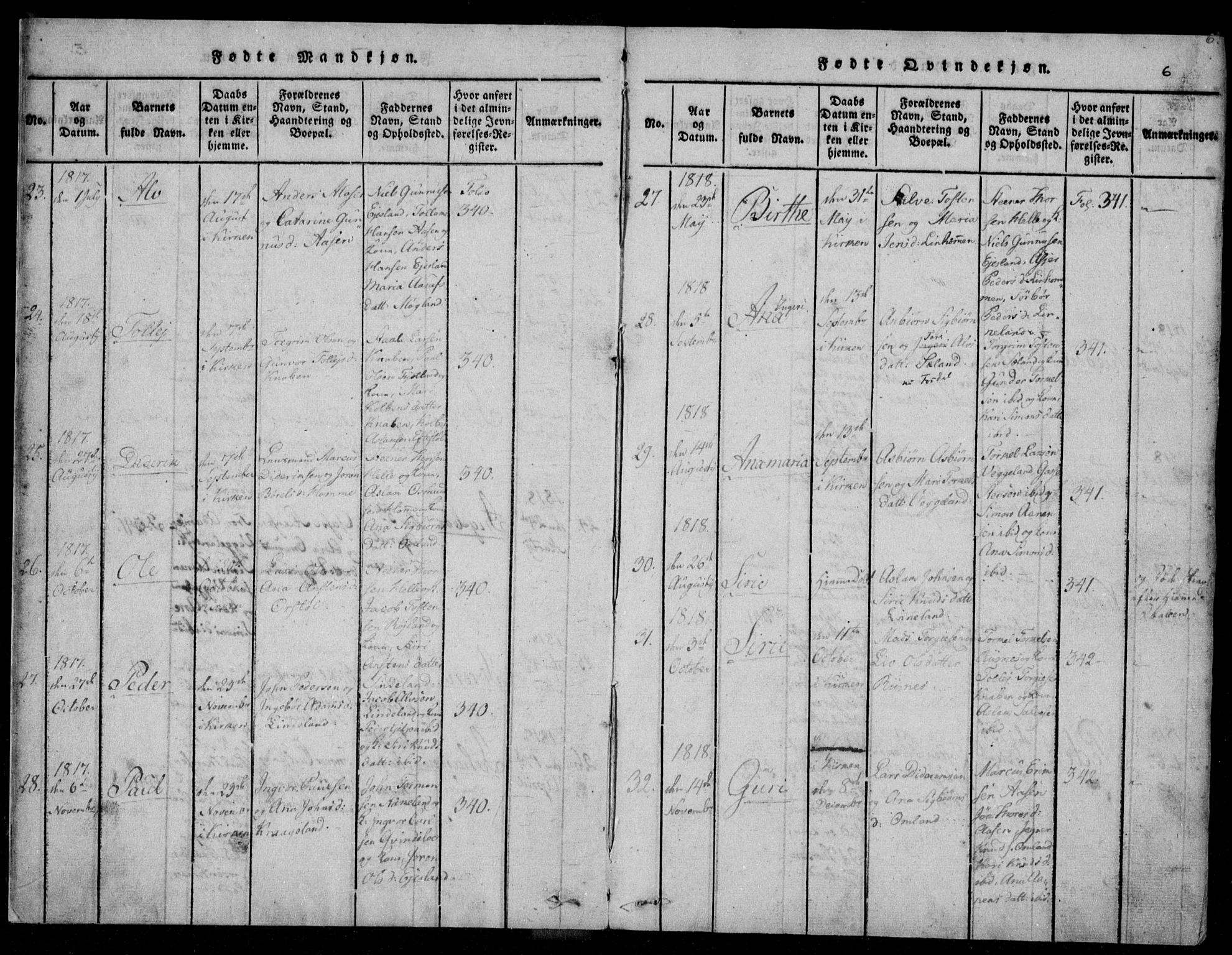 Fjotland sokneprestkontor, AV/SAK-1111-0010/F/Fb/L0001: Parish register (copy) no. B 1, 1816-1849, p. 6