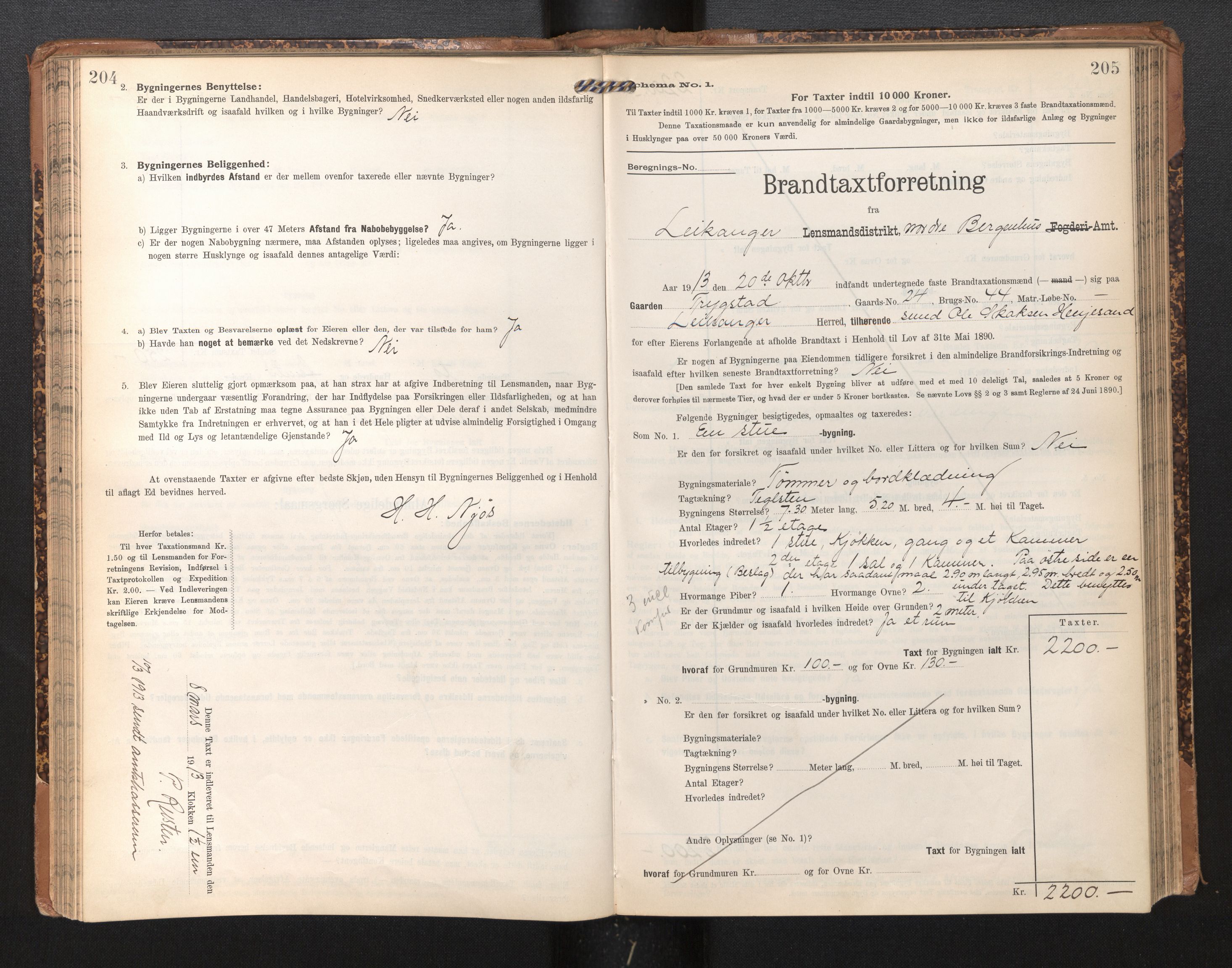 Lensmannen i Leikanger, SAB/A-29201/0012/L0005: Branntakstprotokoll, skjematakst, 1907-1917, p. 204-205