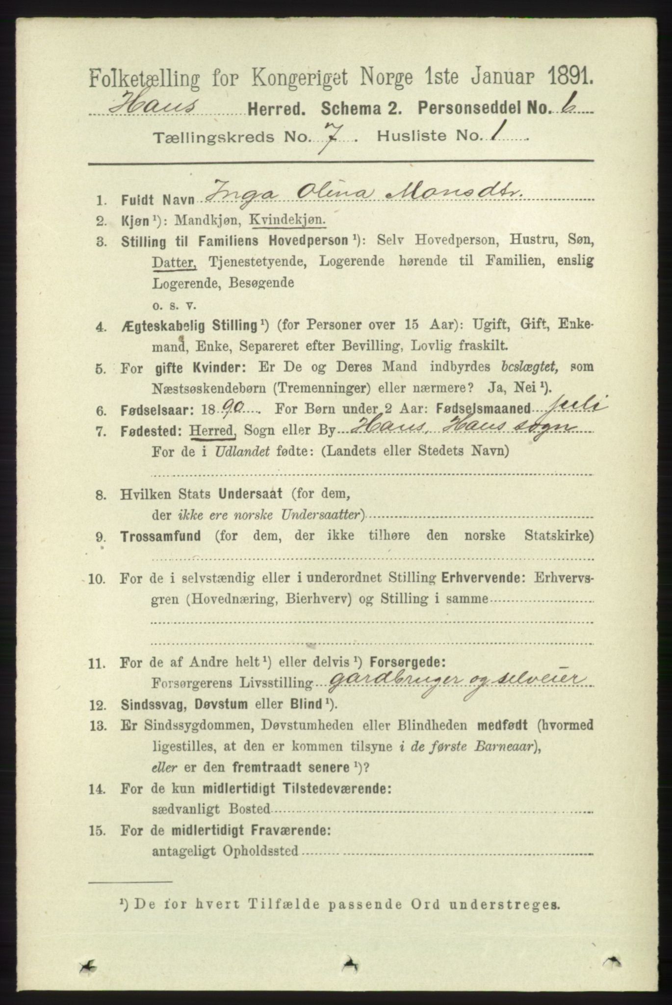 RA, 1891 census for 1250 Haus, 1891, p. 2655