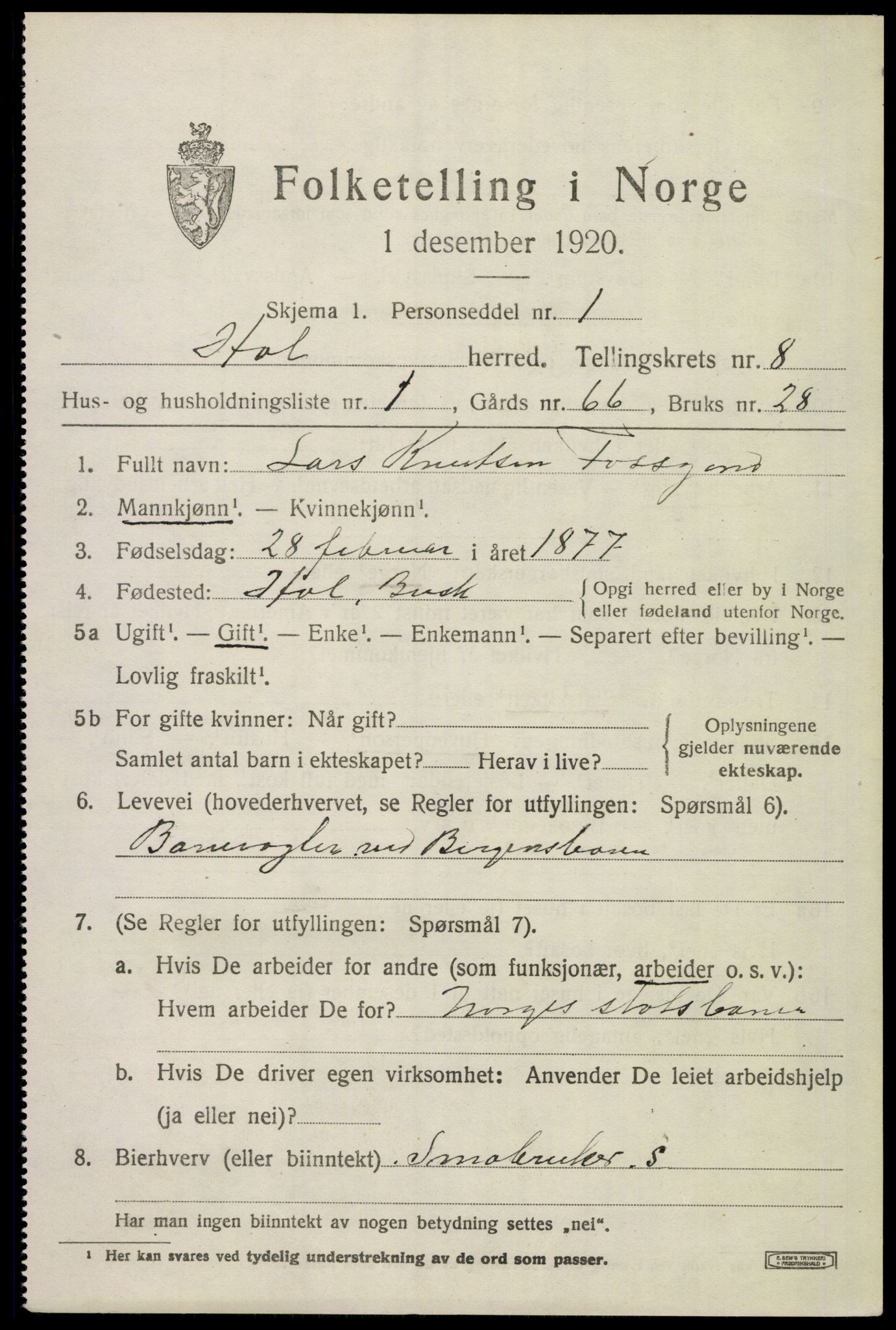 SAKO, 1920 census for Hol (Buskerud), 1920, p. 4083