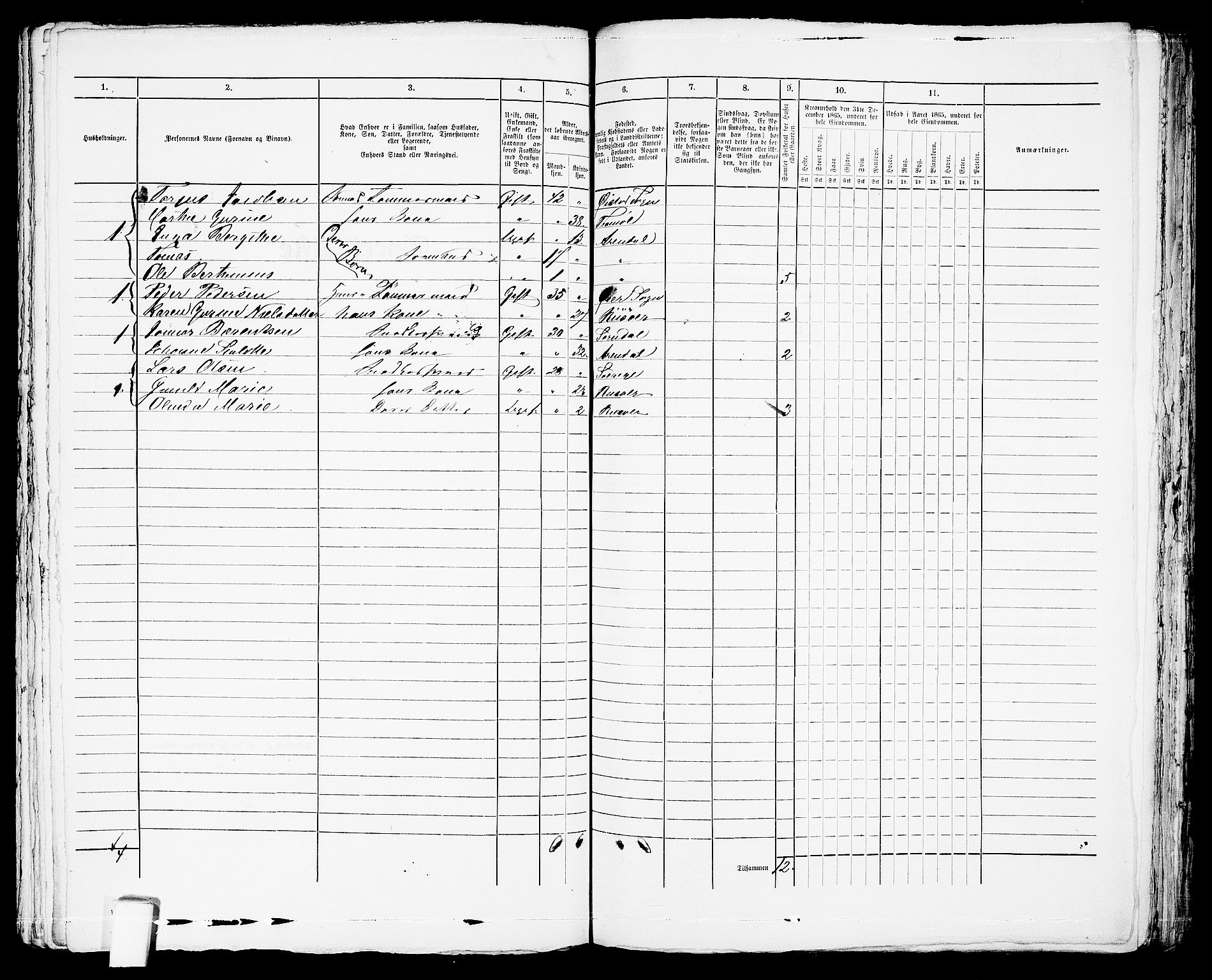 RA, 1865 census for Arendal, 1865, p. 196