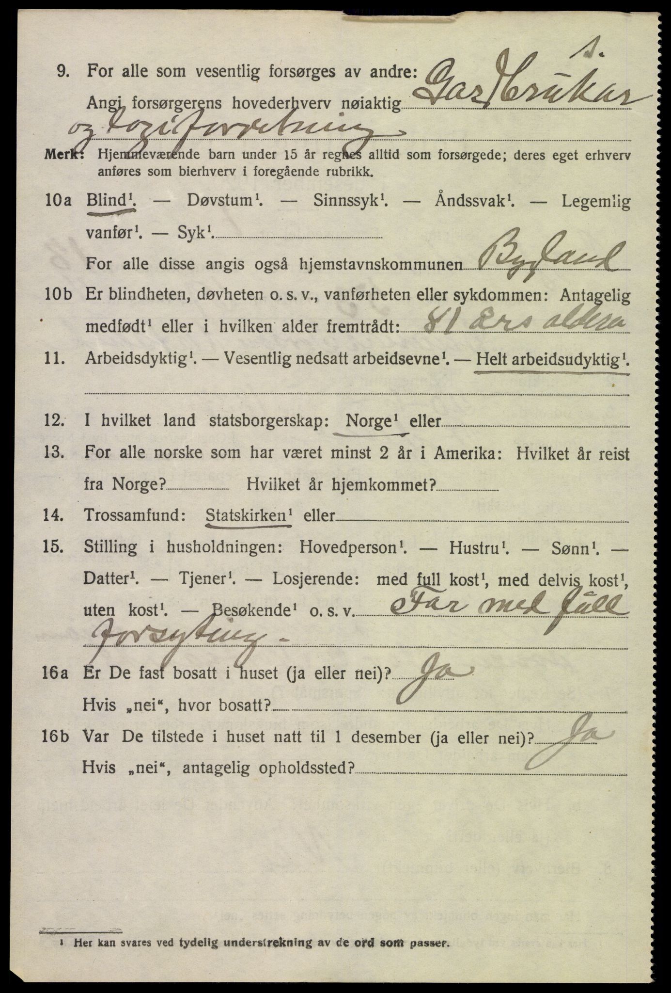 SAK, 1920 census for Bygland, 1920, p. 5906