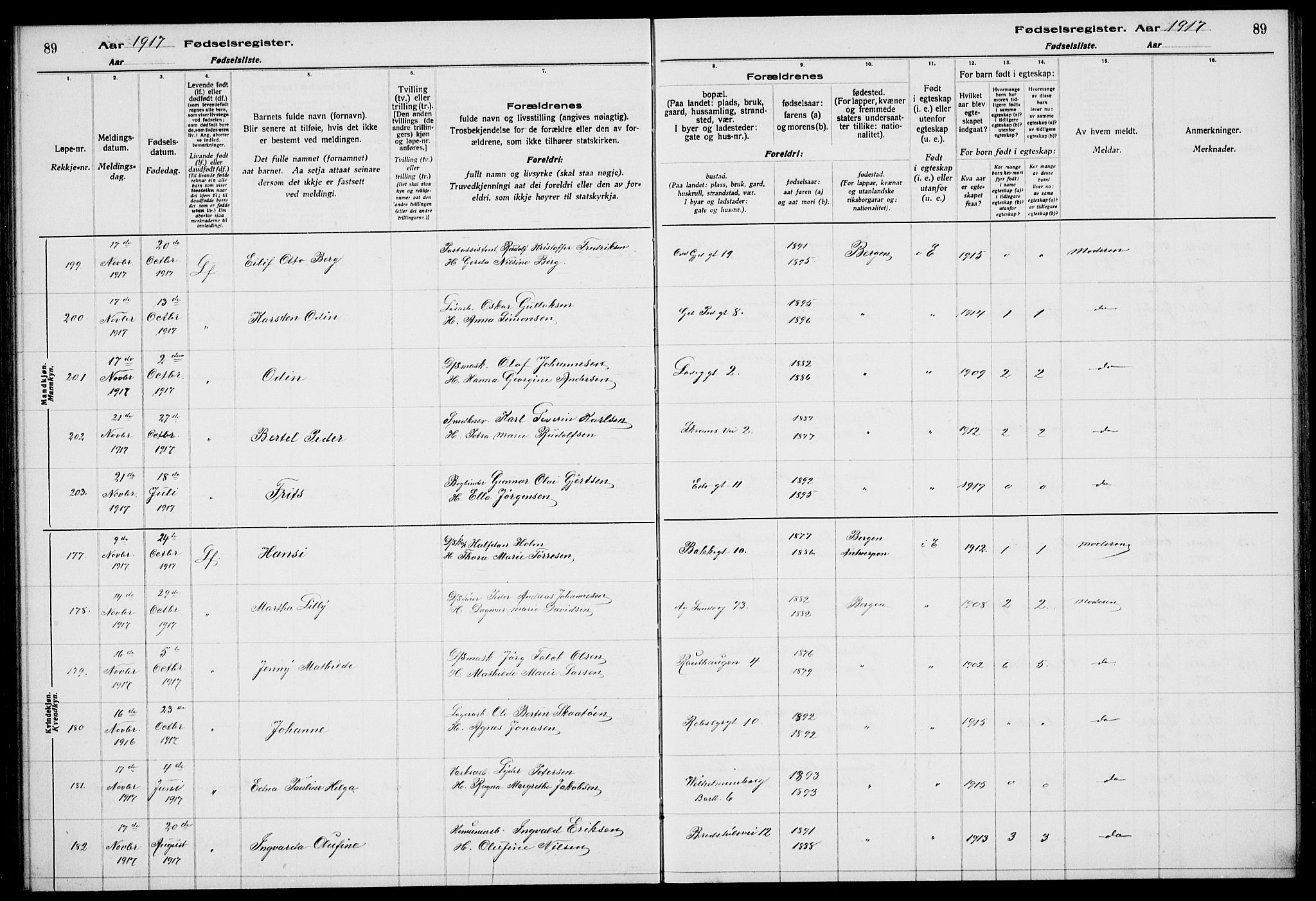 Sandviken Sokneprestembete, AV/SAB-A-77601/I/Ib/L00A1: Birth register no. A 1, 1915-1920, p. 89