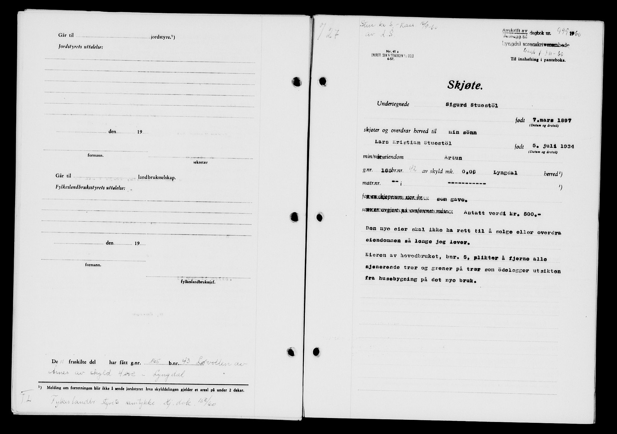 Lyngdal sorenskriveri, AV/SAK-1221-0004/G/Gb/L0680: Mortgage book no. A XXVI, 1960-1960, Diary no: : 999/1960