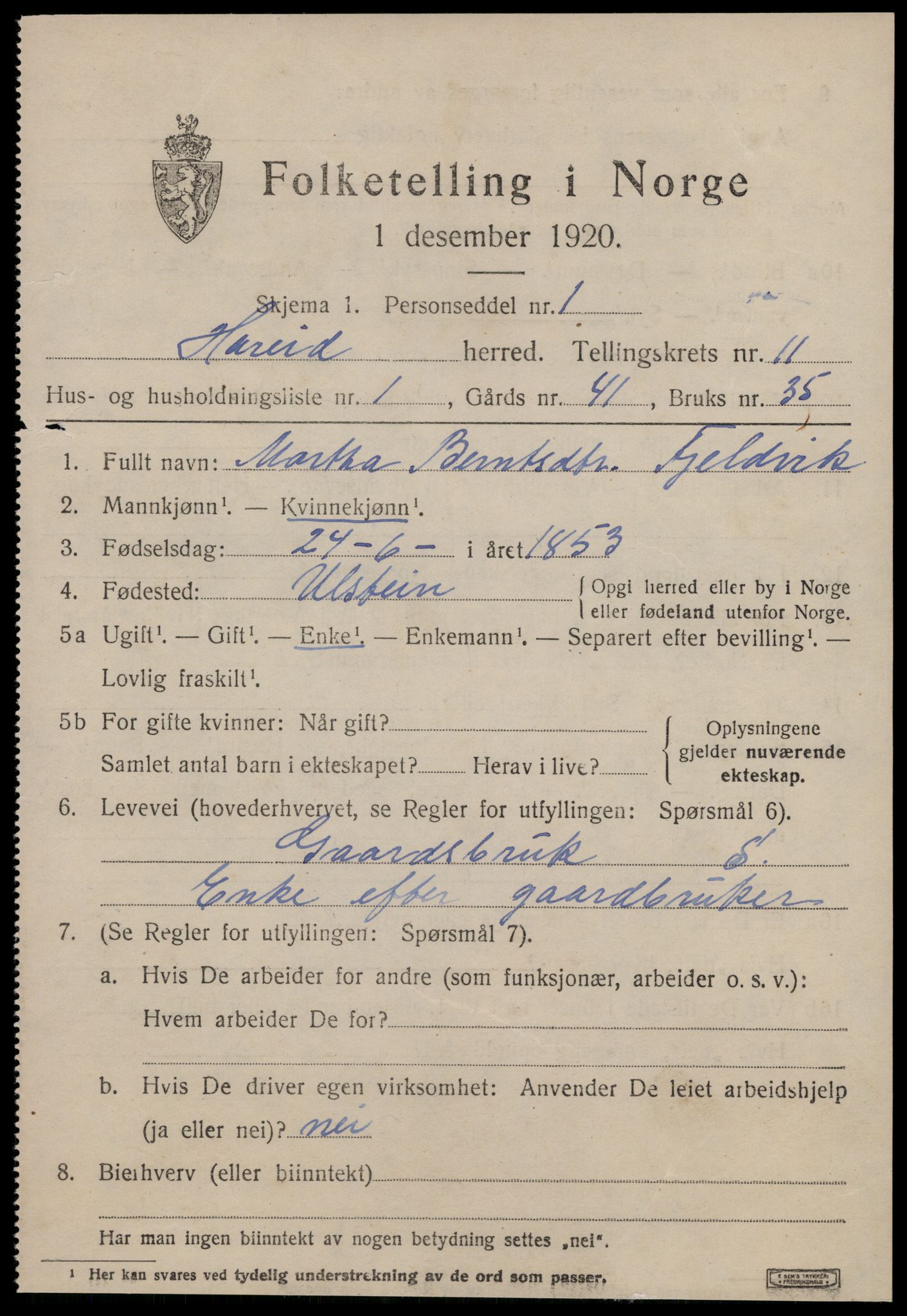 SAT, 1920 census for Hareid, 1920, p. 3983