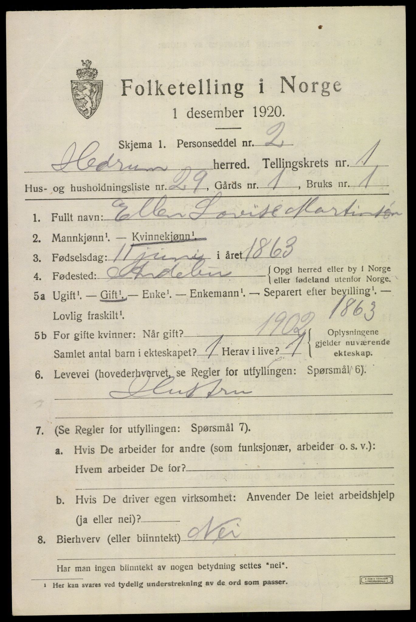 SAKO, 1920 census for Hedrum, 1920, p. 2397