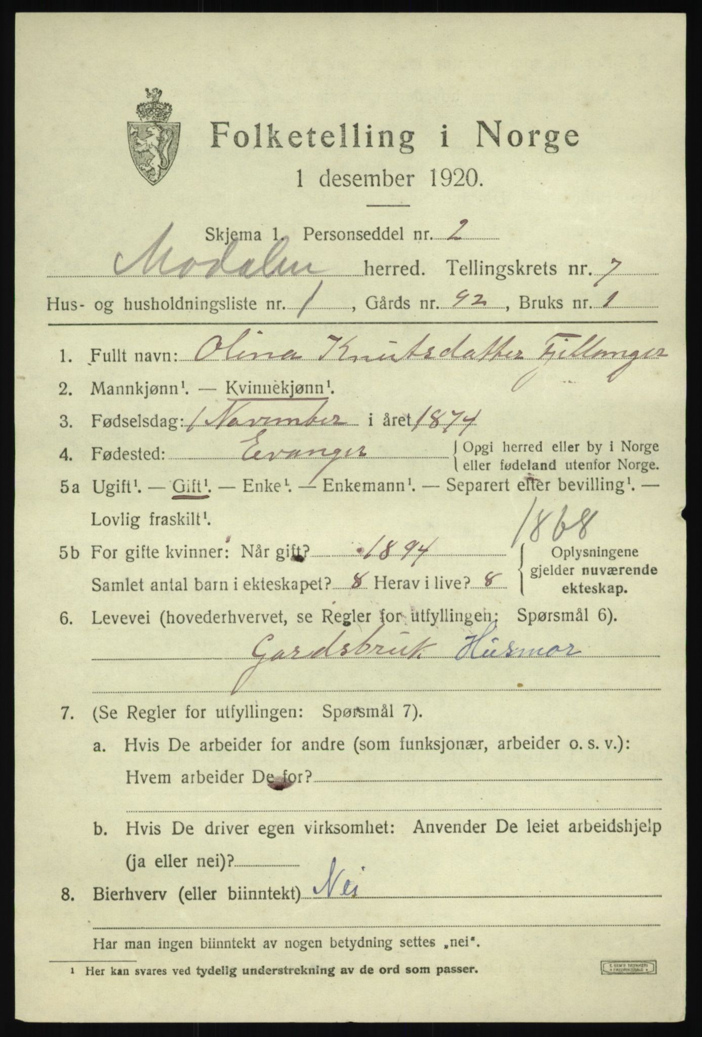 SAB, 1920 census for Modalen, 1920, p. 1382