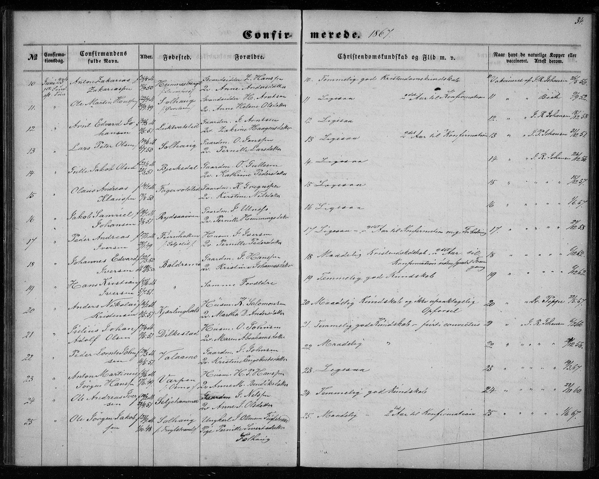 Ministerialprotokoller, klokkerbøker og fødselsregistre - Nordland, AV/SAT-A-1459/825/L0357: Parish register (official) no. 825A11, 1859-1877, p. 34