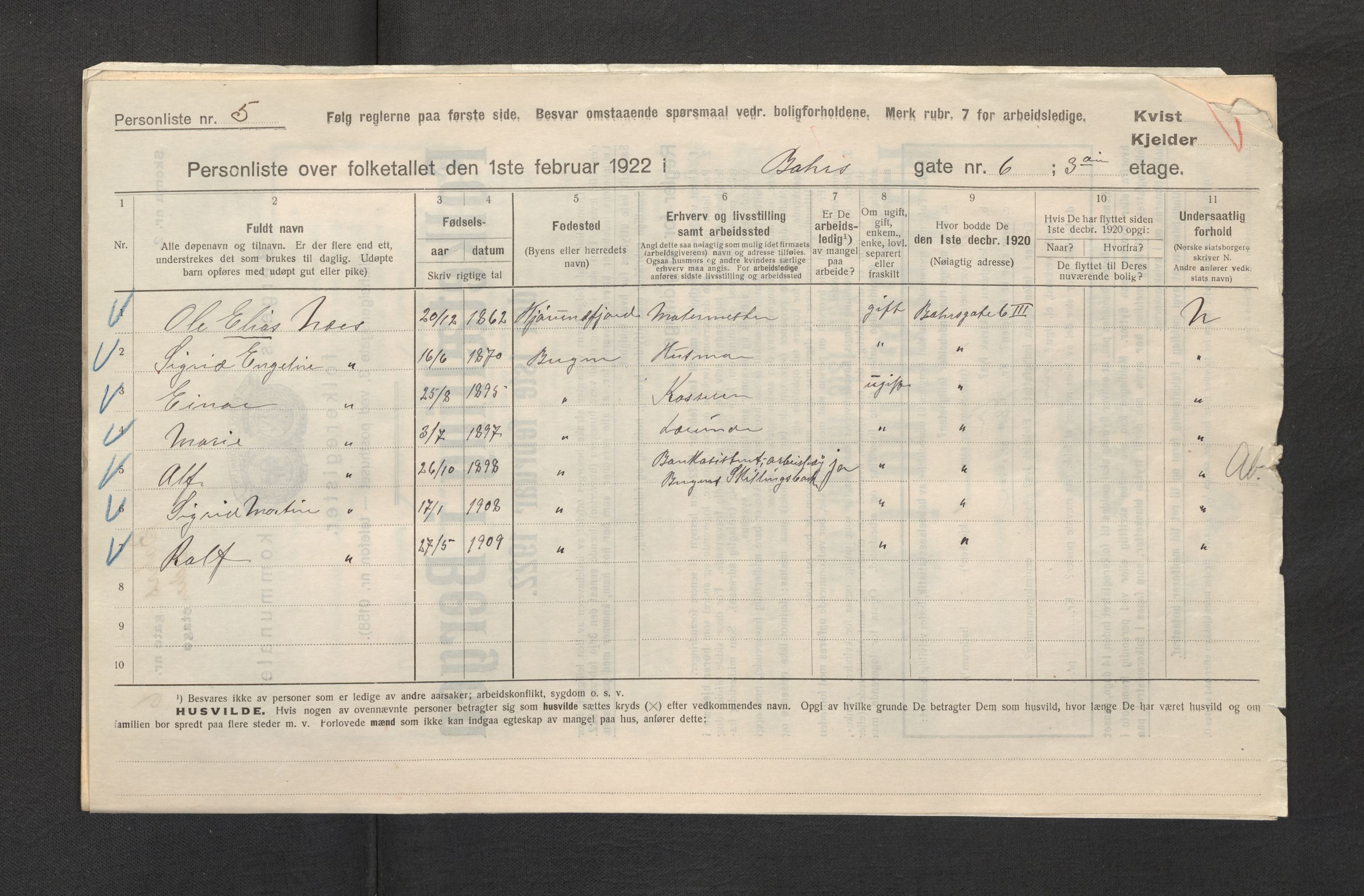 SAB, Municipal Census 1922 for Bergen, 1922, p. 3730