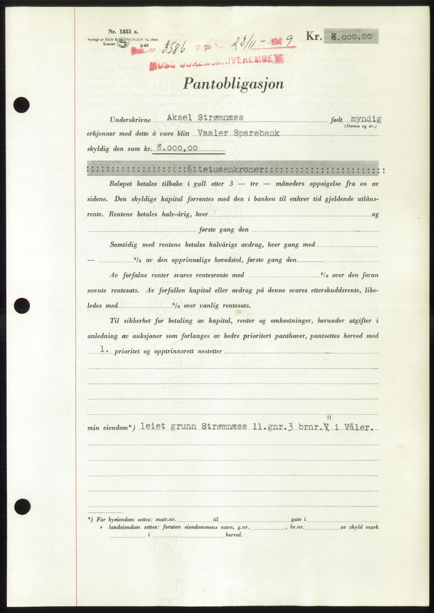 Moss sorenskriveri, SAO/A-10168: Mortgage book no. B23, 1949-1950, Diary no: : 3586/1949