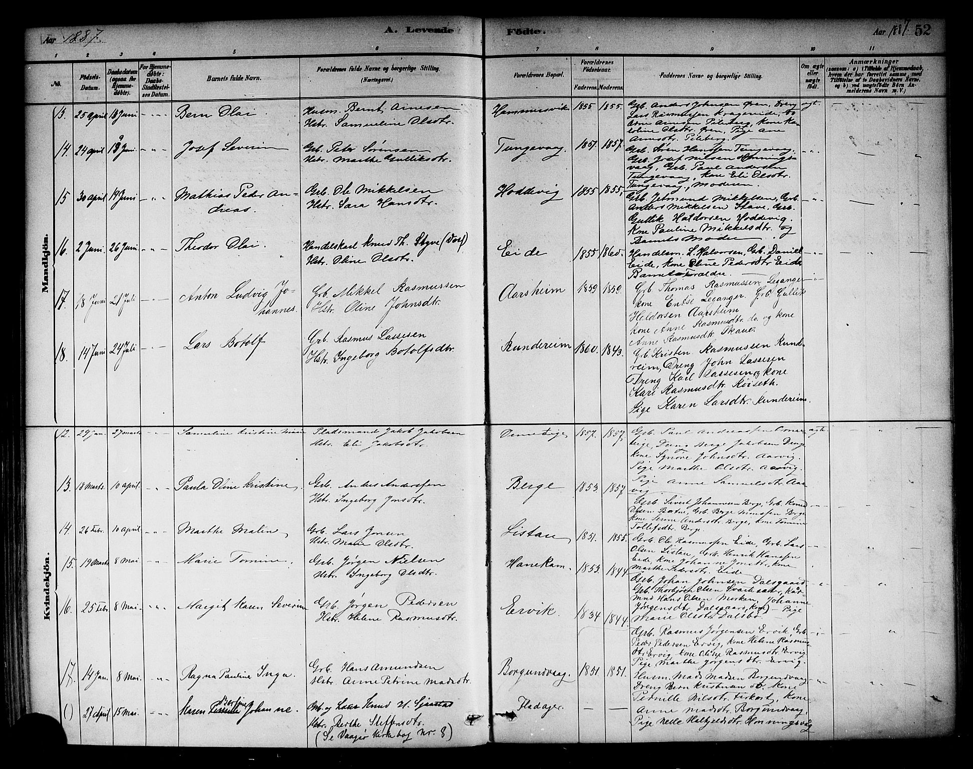 Selje sokneprestembete, AV/SAB-A-99938/H/Ha/Haa/Haab: Parish register (official) no. B 1, 1881-1890, p. 52