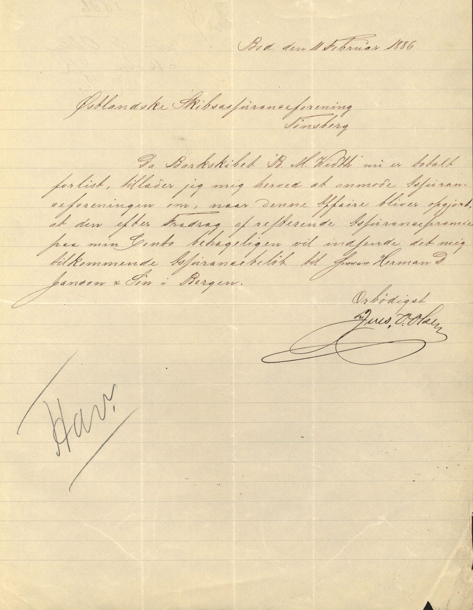 Pa 63 - Østlandske skibsassuranceforening, VEMU/A-1079/G/Ga/L0018/0006: Havaridokumenter / Johannes Rød, Harmonica, B.M. Width, Aron, Tre Brødre, 1885, p. 16