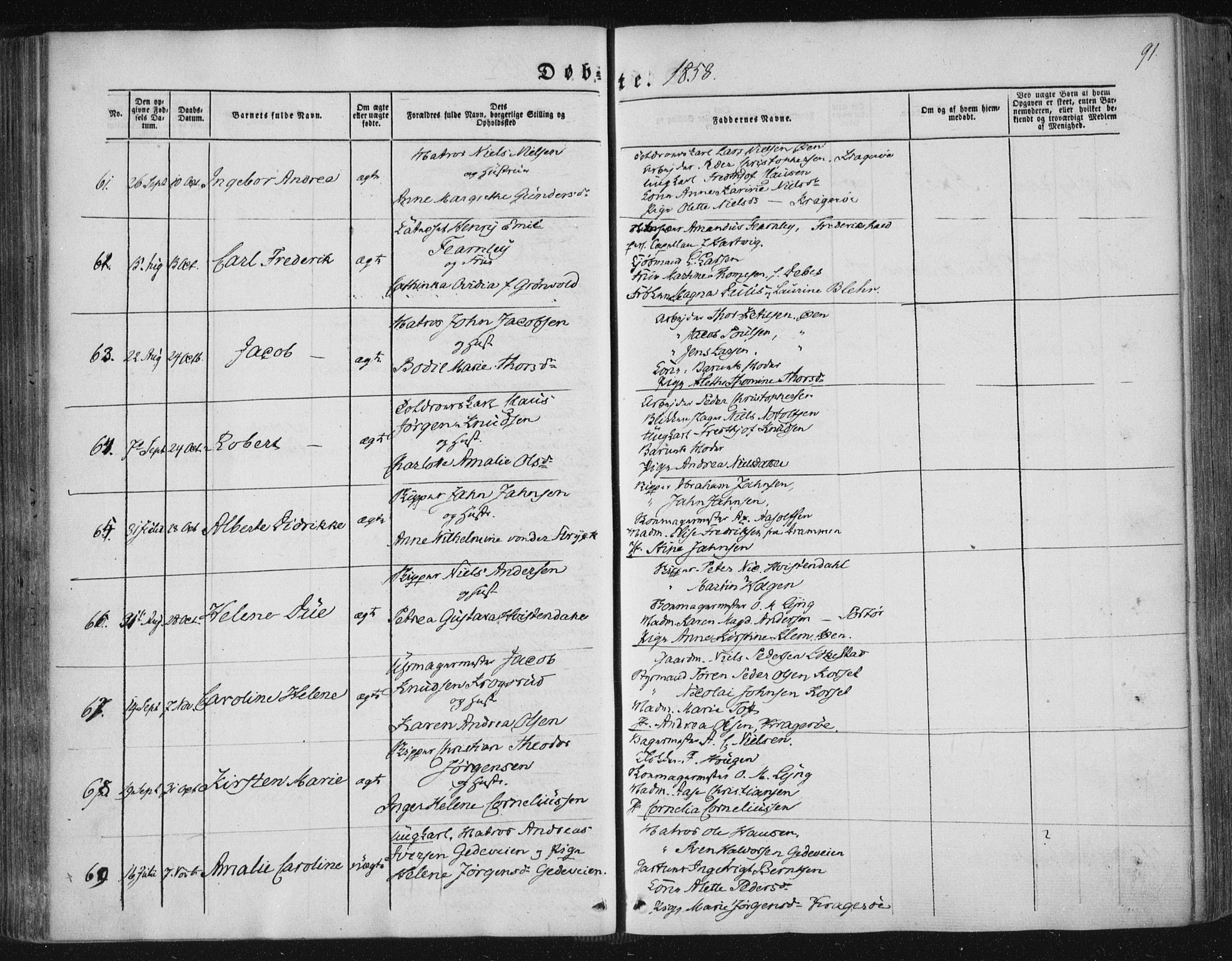 Kragerø kirkebøker, SAKO/A-278/F/Fa/L0006: Parish register (official) no. 6, 1847-1861, p. 91