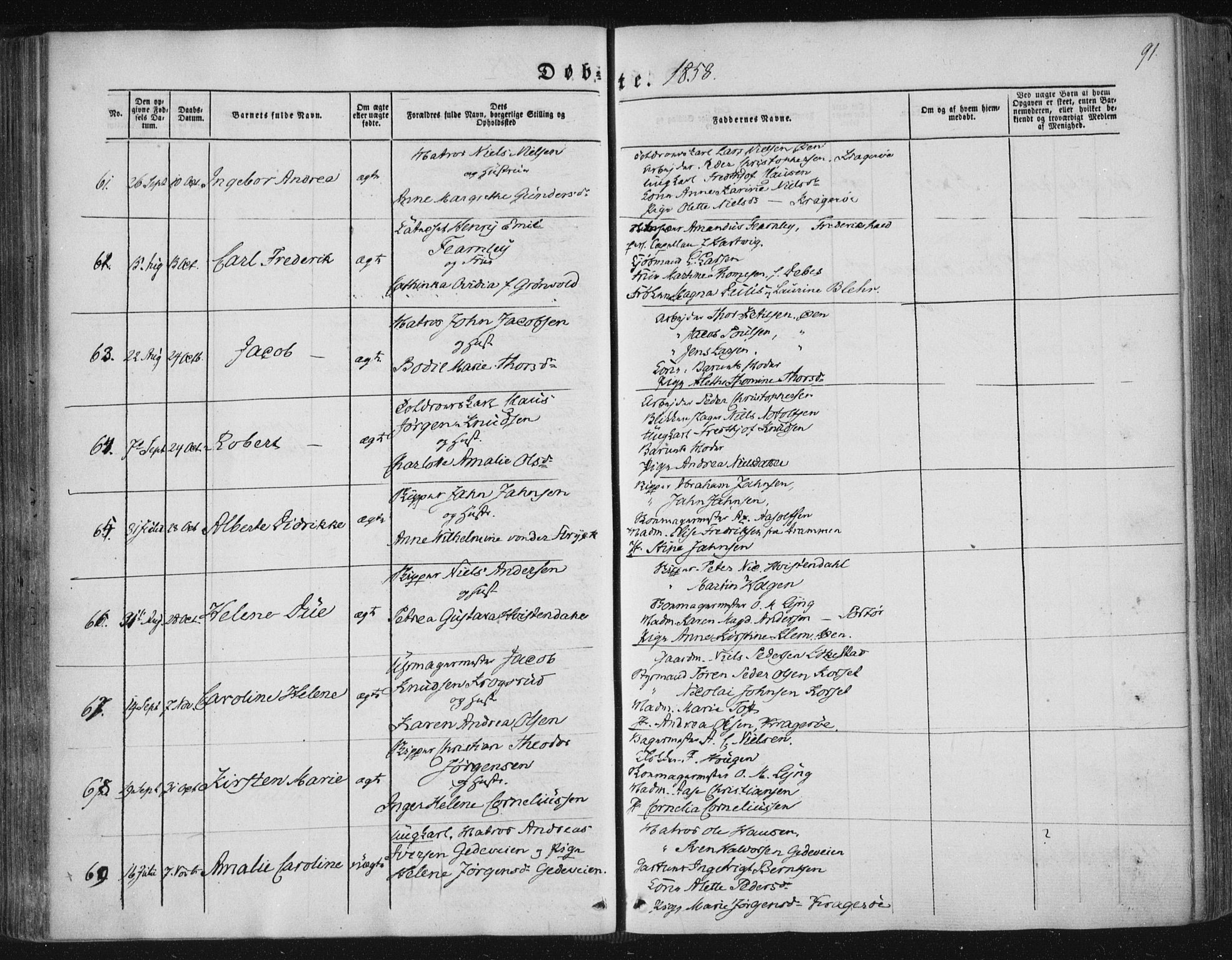 Kragerø kirkebøker, AV/SAKO-A-278/F/Fa/L0006: Parish register (official) no. 6, 1847-1861, p. 91