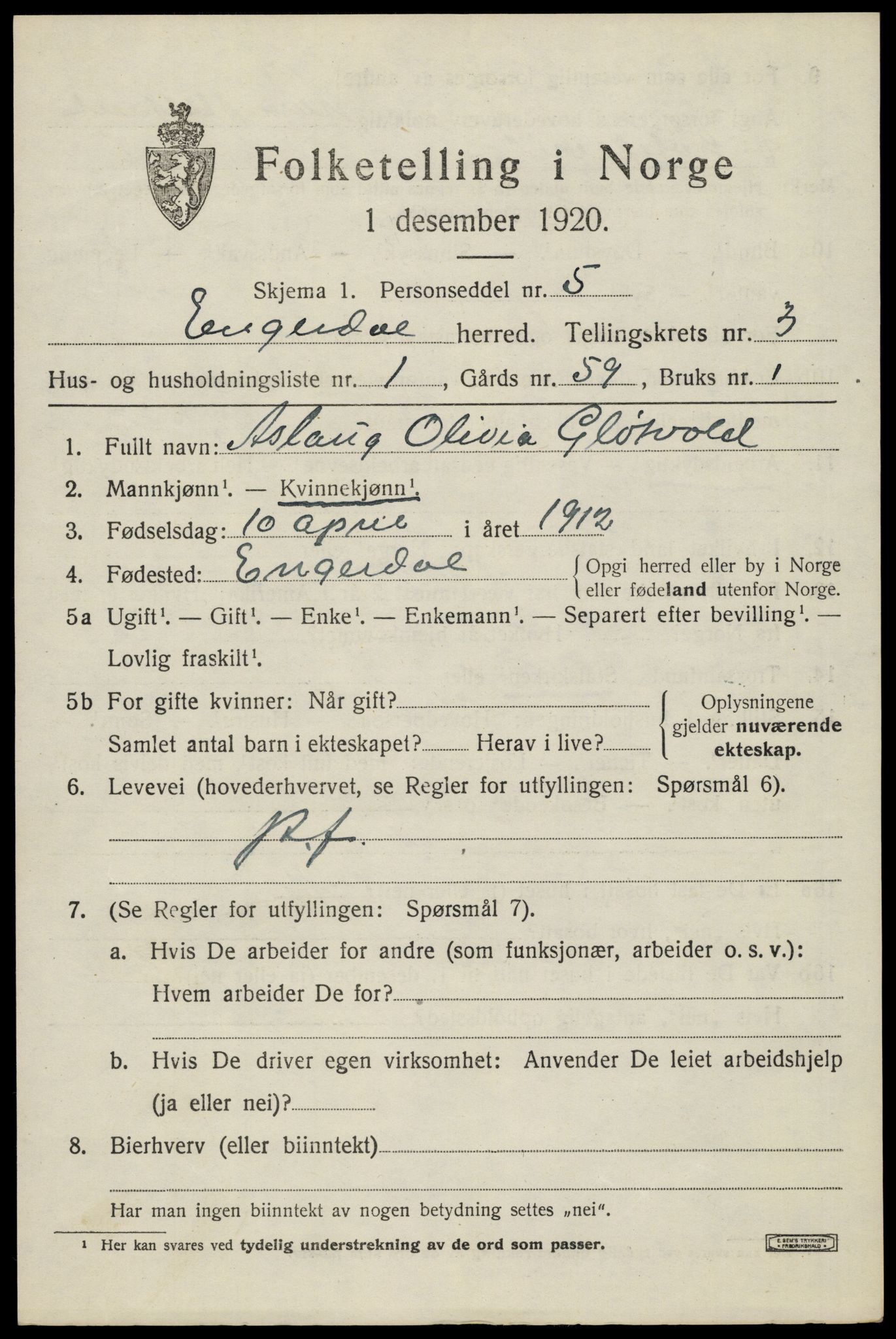 SAH, 1920 census for Engerdal, 1920, p. 1519