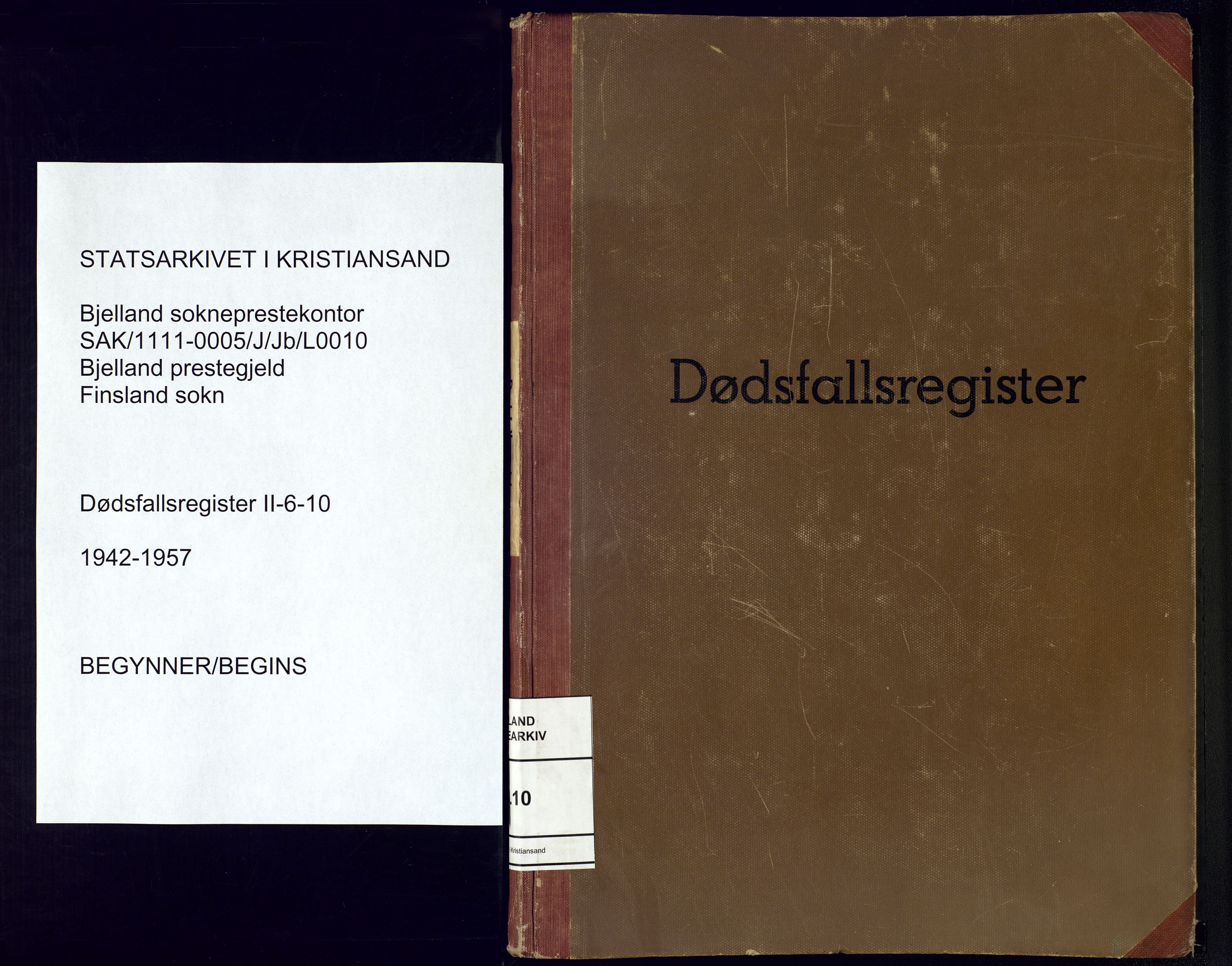 Bjelland sokneprestkontor, AV/SAK-1111-0005/J/Jb/L0010: II.6.10 - Dødsfallsregister Finsland, 1942-1957