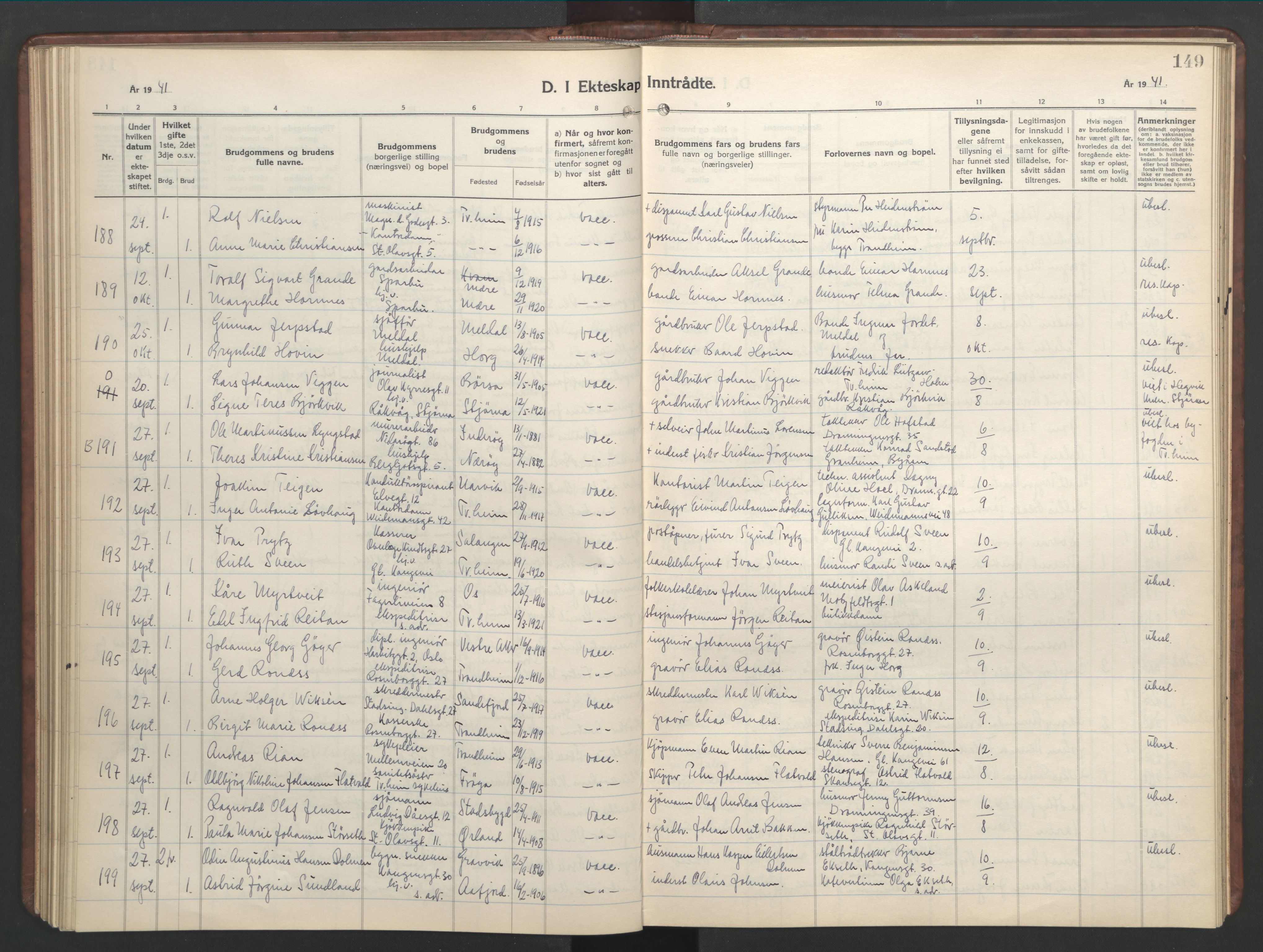 Ministerialprotokoller, klokkerbøker og fødselsregistre - Sør-Trøndelag, AV/SAT-A-1456/601/L0101: Parish register (copy) no. 601C19, 1935-1946, p. 149