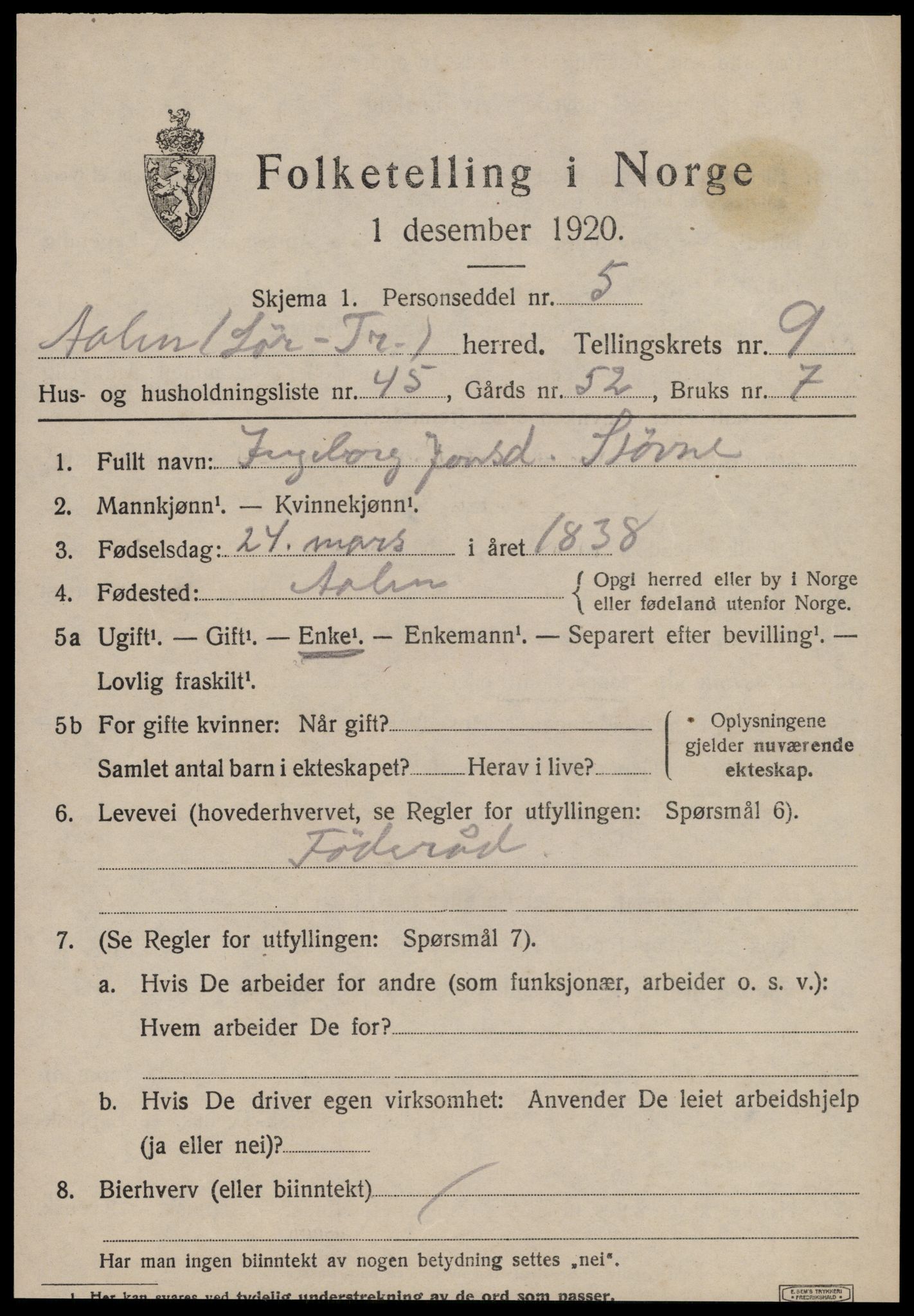 SAT, 1920 census for Ålen, 1920, p. 4660