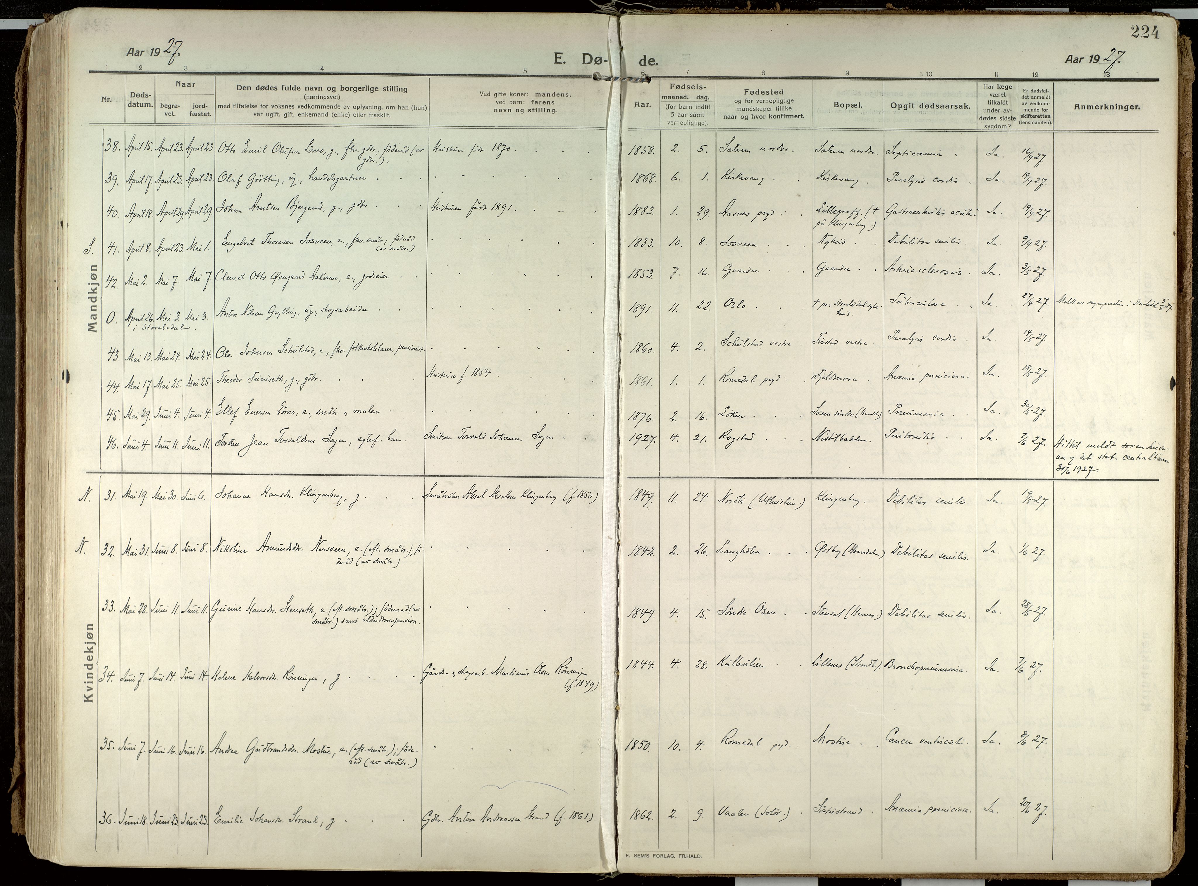 Elverum prestekontor, AV/SAH-PREST-044/H/Ha/Haa/L0021: Parish register (official) no. 21, 1913-1928, p. 224