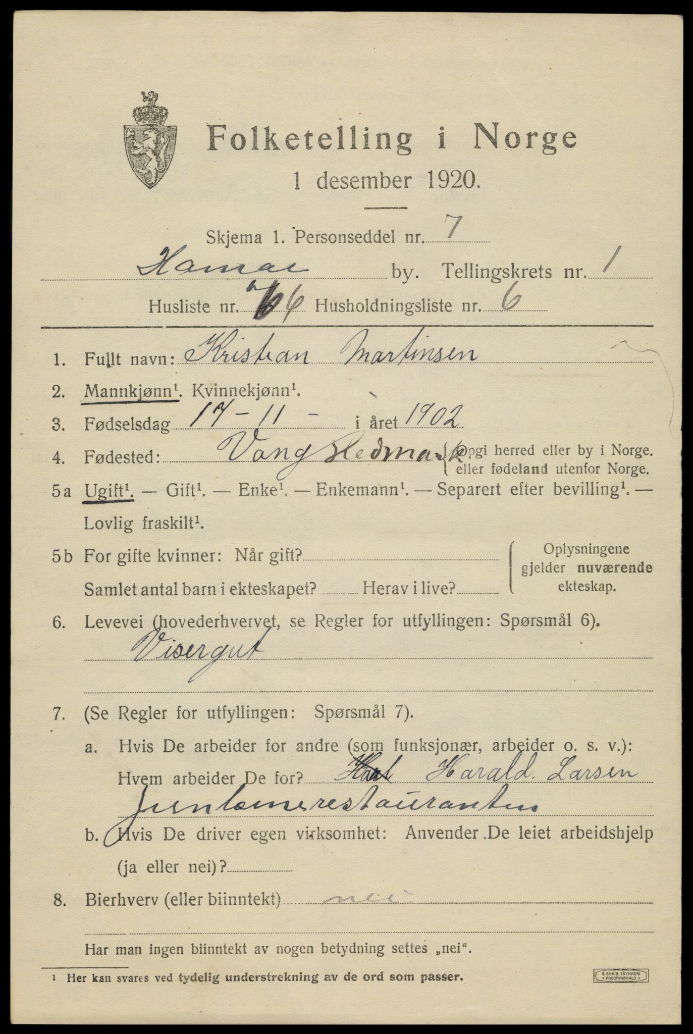 SAH, 1920 census for Hamar, 1920, p. 5755