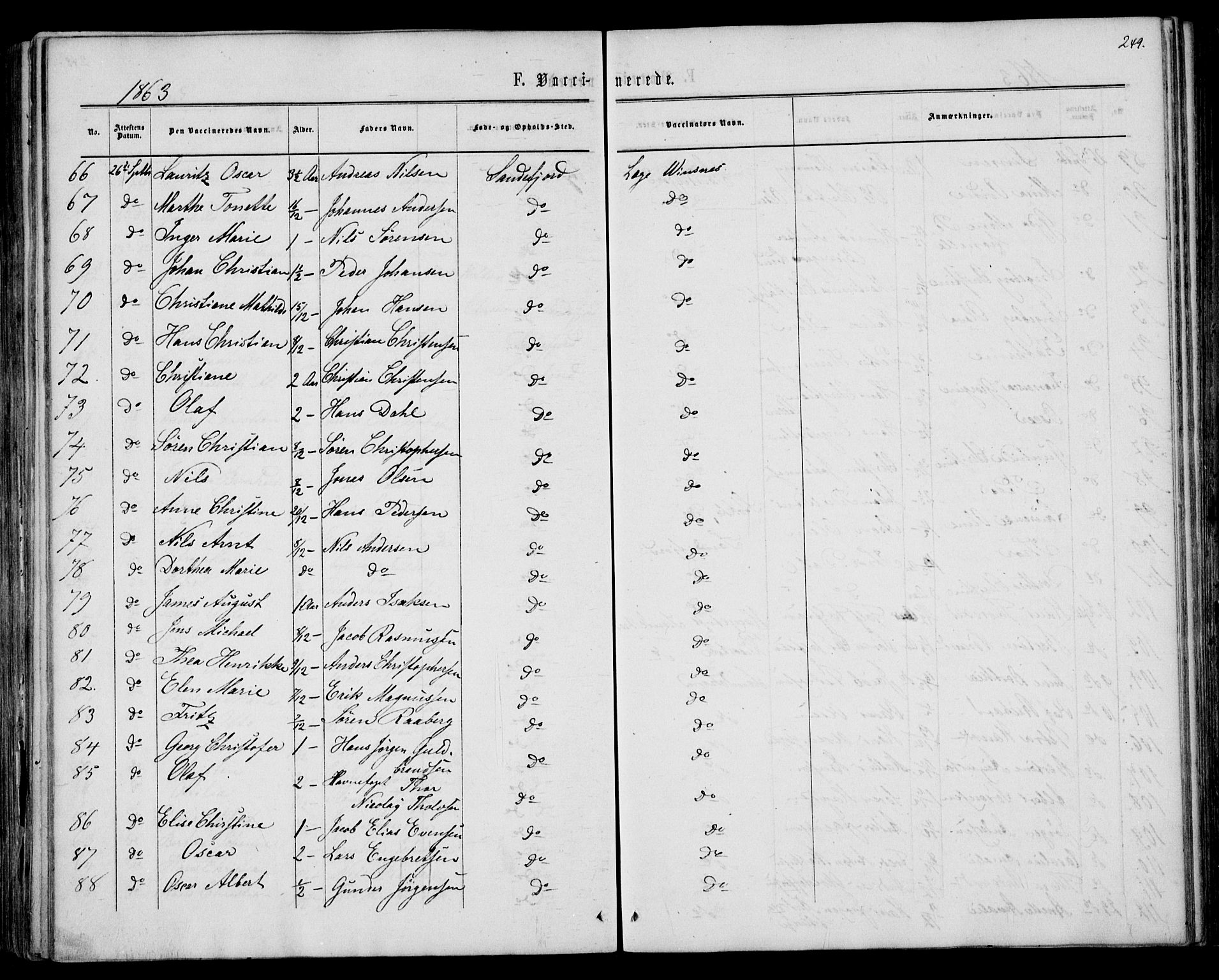 Sandar kirkebøker, AV/SAKO-A-243/F/Fa/L0009: Parish register (official) no. 9, 1862-1871, p. 249