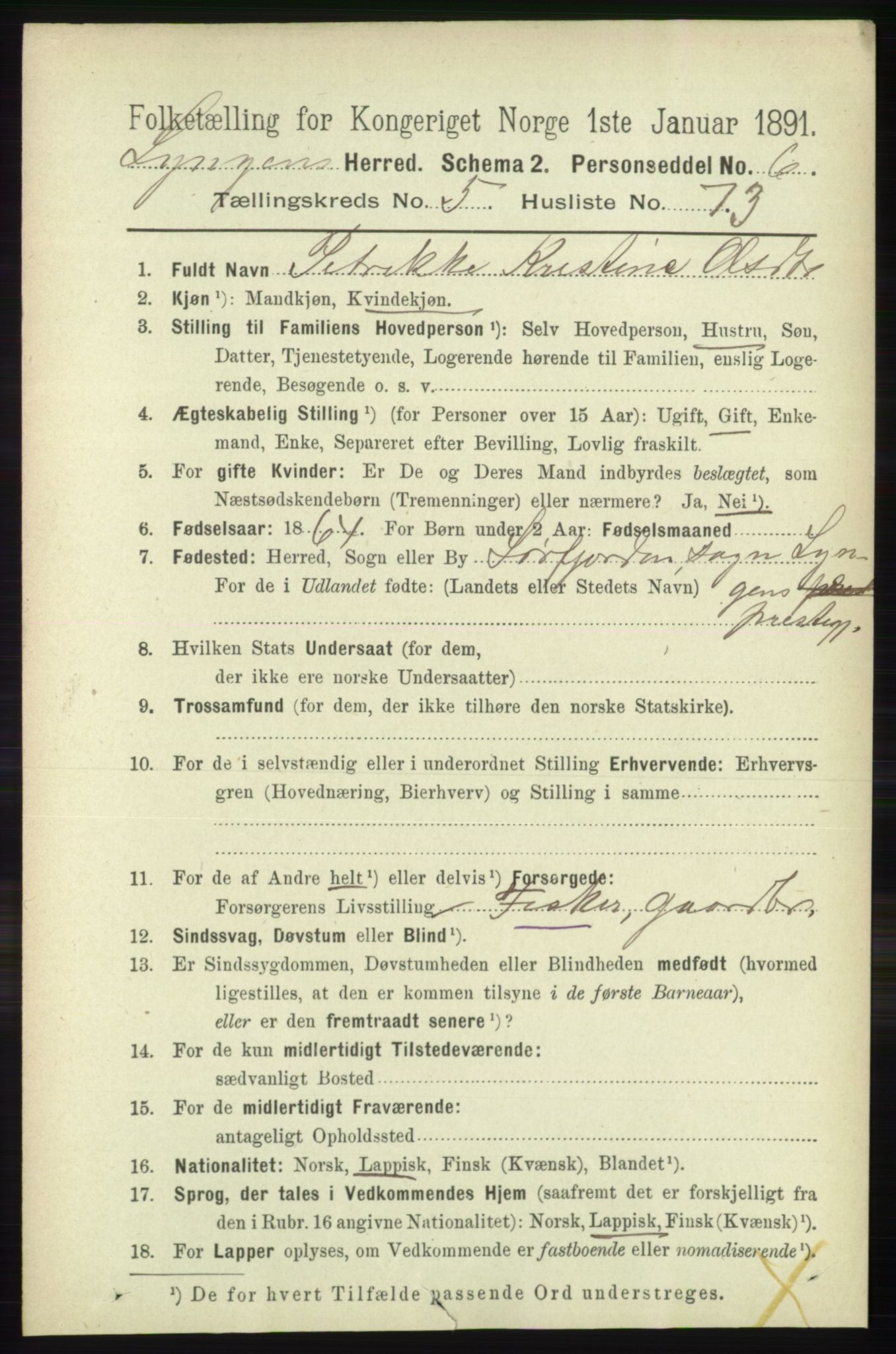 RA, 1891 census for 1938 Lyngen, 1891, p. 4896