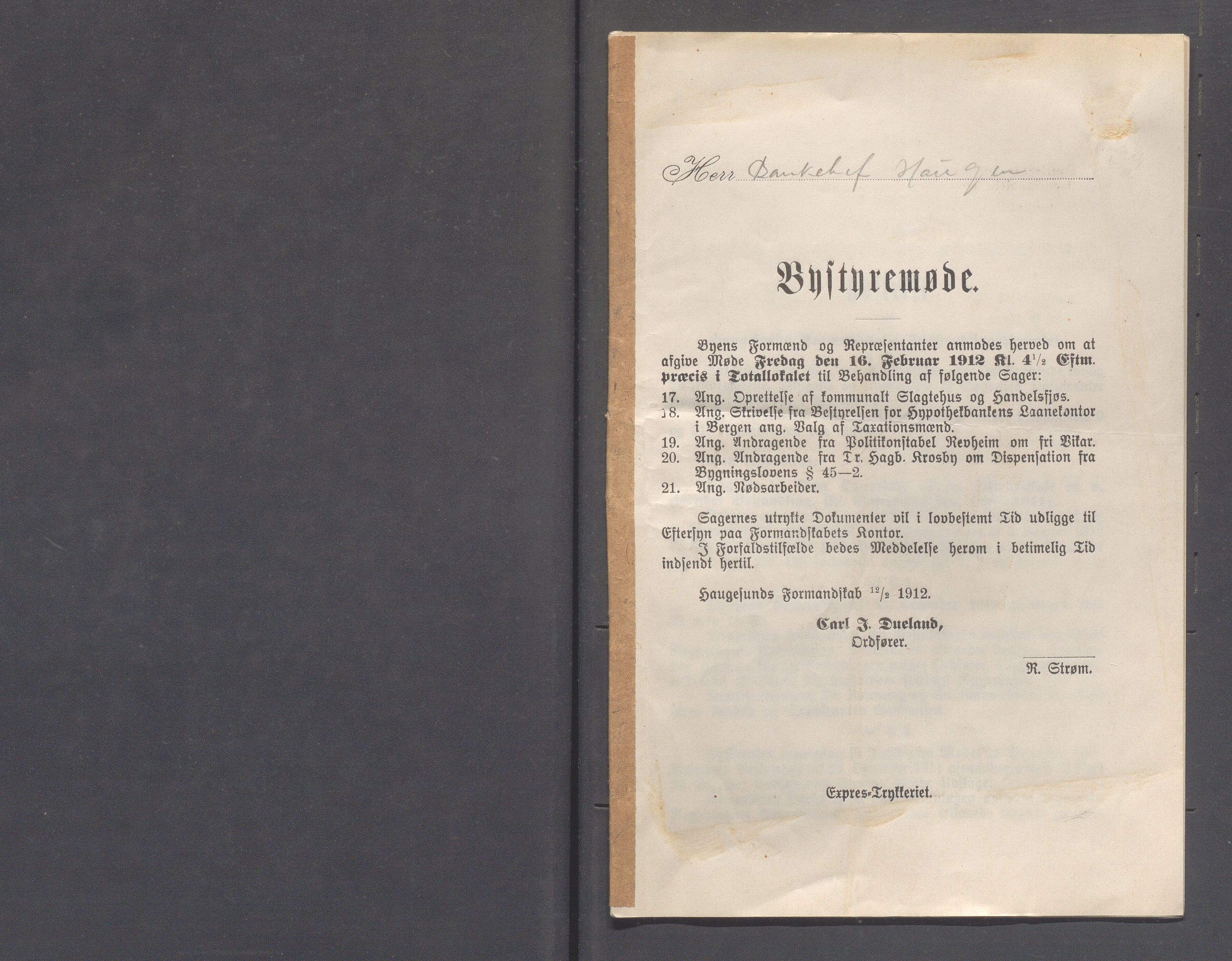 Haugesund kommune - Formannskapet og Bystyret, IKAR/A-740/A/Abb/L0002: Bystyreforhandlinger, 1908-1917, p. 382