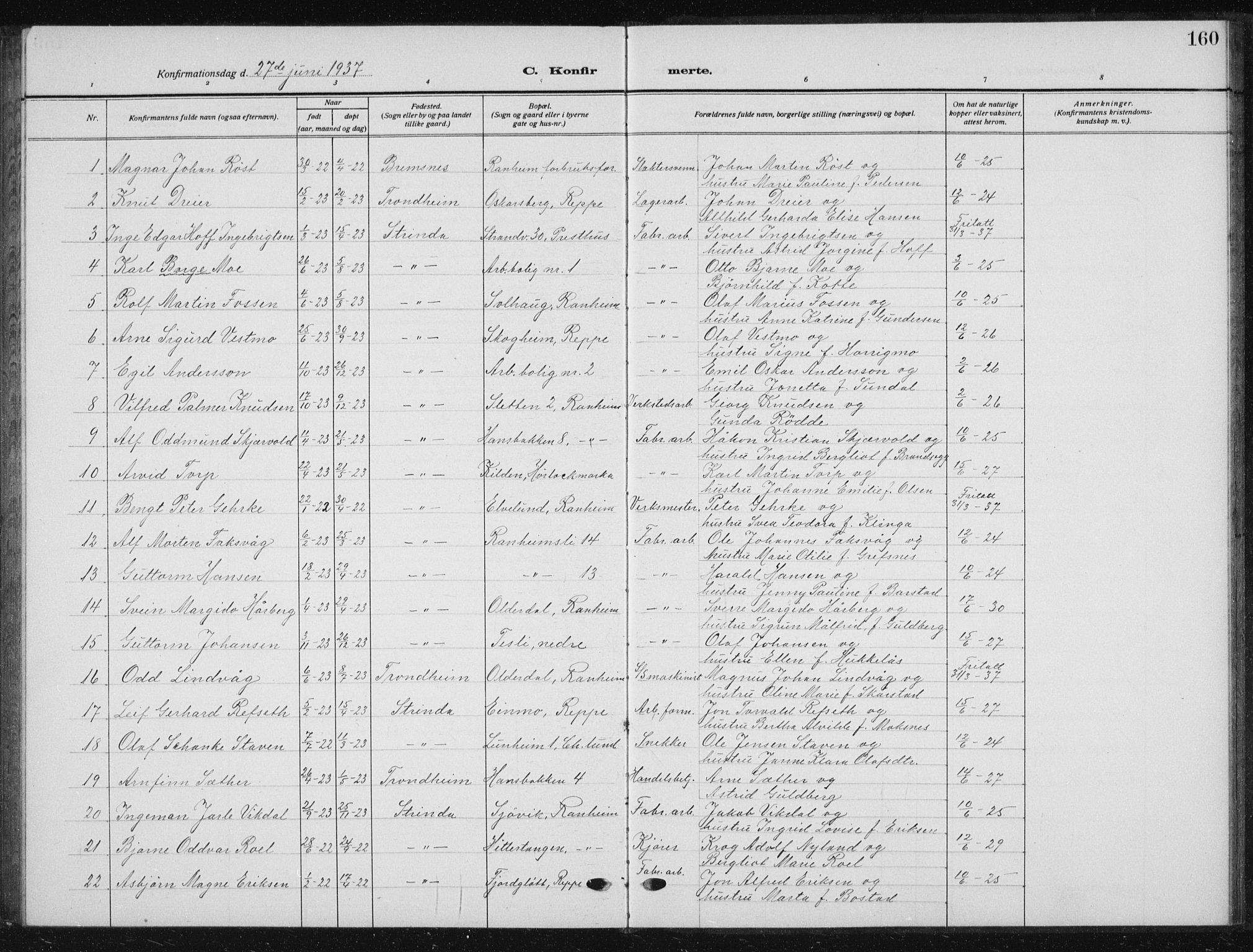 Ministerialprotokoller, klokkerbøker og fødselsregistre - Sør-Trøndelag, SAT/A-1456/615/L0401: Parish register (copy) no. 615C02, 1922-1941, p. 160