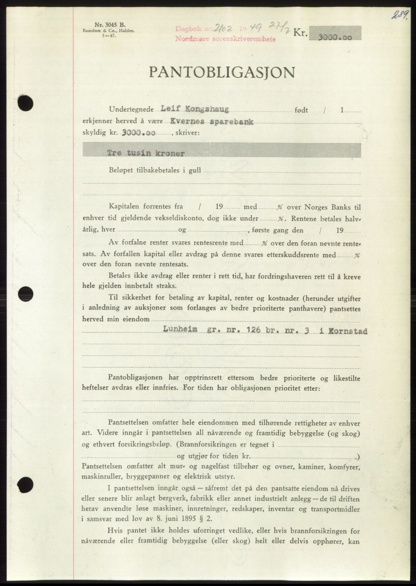 Nordmøre sorenskriveri, AV/SAT-A-4132/1/2/2Ca: Mortgage book no. B102, 1949-1949, Diary no: : 2102/1949