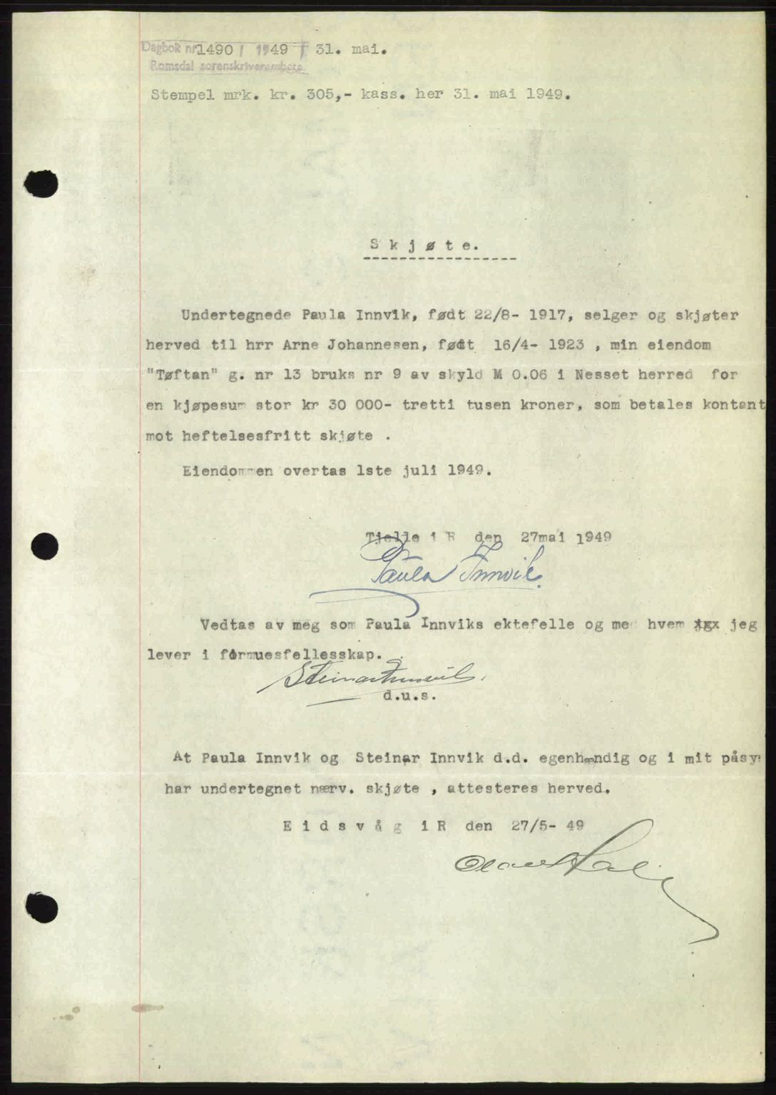 Romsdal sorenskriveri, AV/SAT-A-4149/1/2/2C: Mortgage book no. A29, 1949-1949, Diary no: : 1490/1949