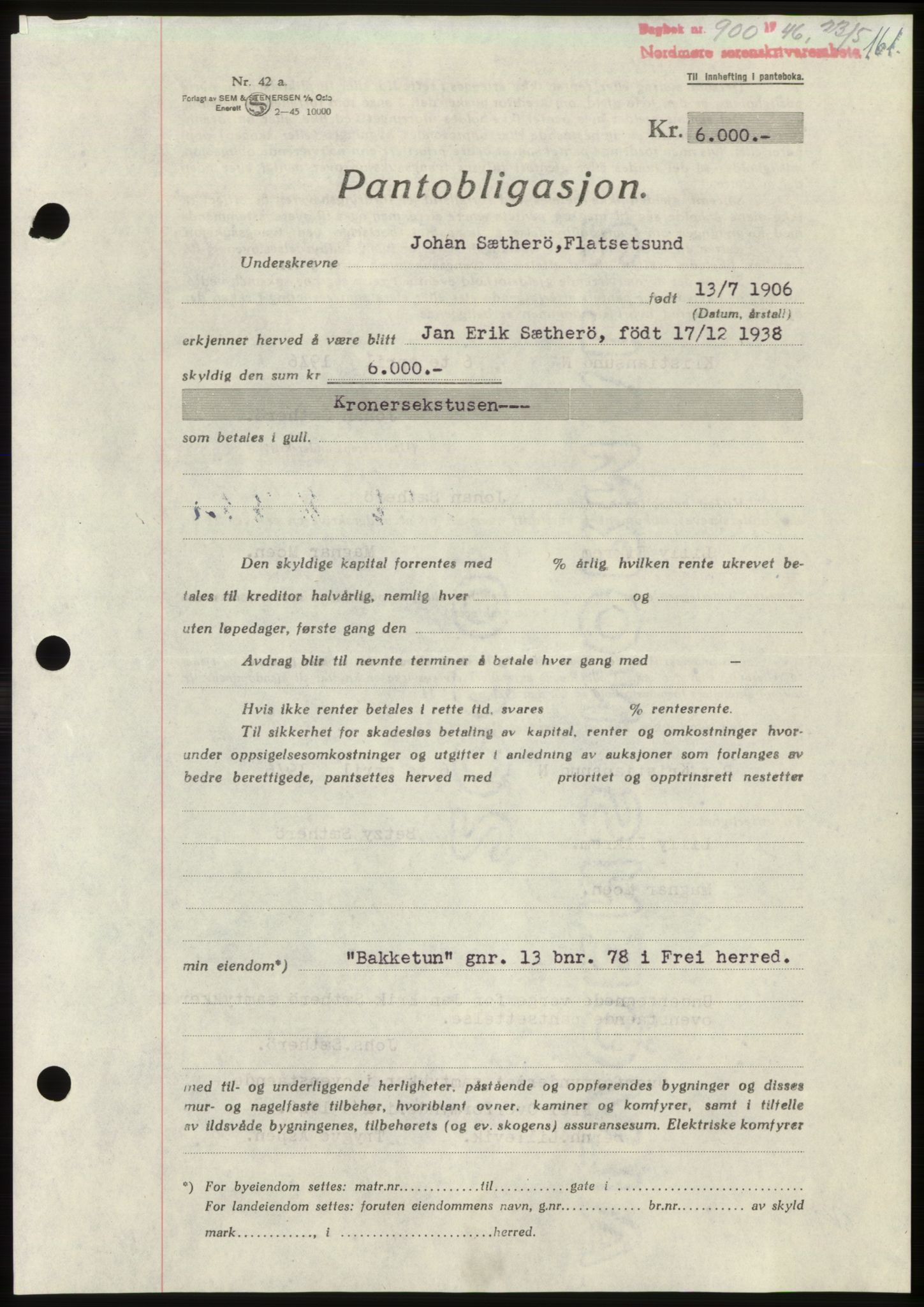 Nordmøre sorenskriveri, AV/SAT-A-4132/1/2/2Ca: Mortgage book no. B94, 1946-1946, Diary no: : 900/1946