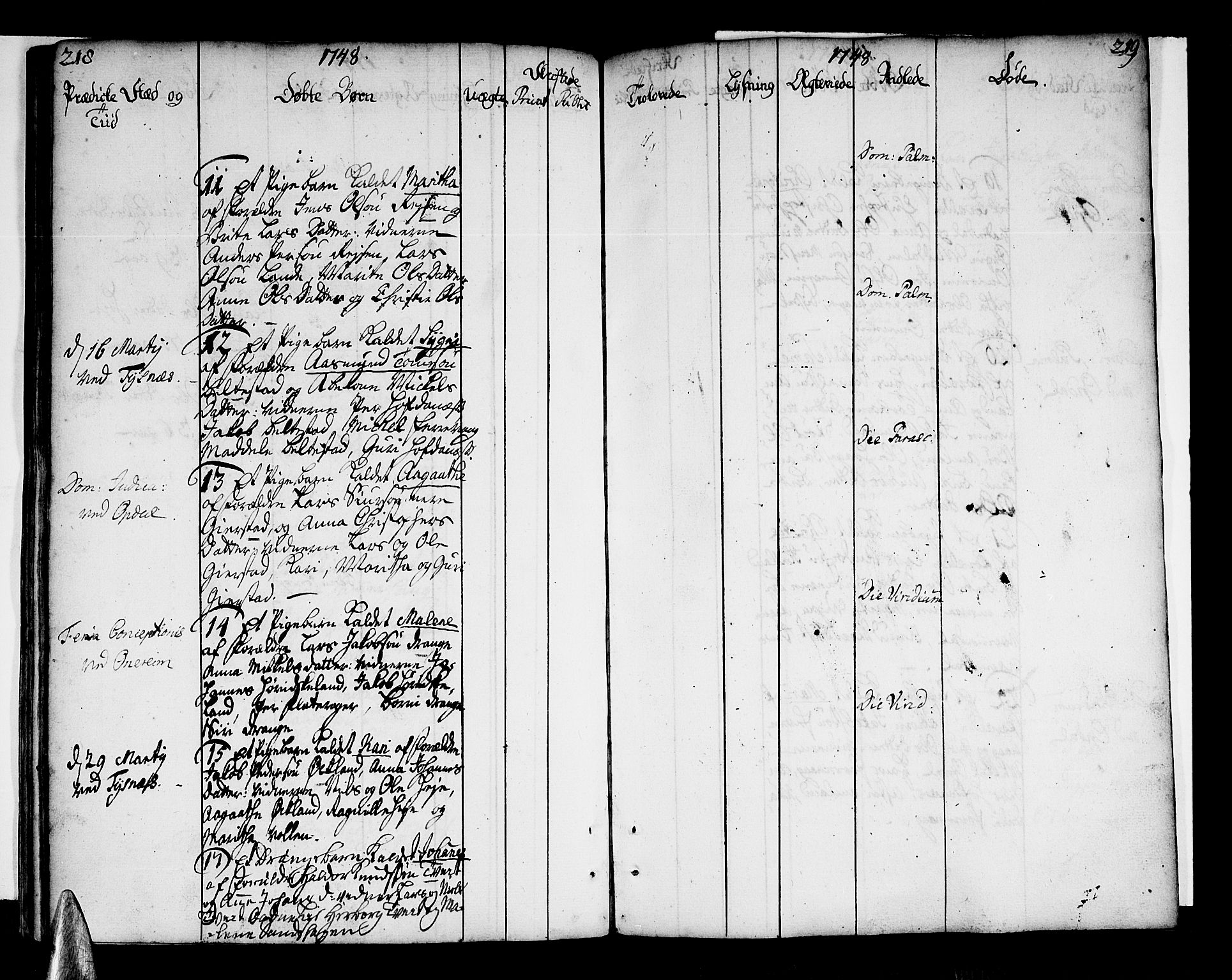 Tysnes sokneprestembete, SAB/A-78601/H/Haa: Parish register (official) no. A 3, 1740-1749, p. 218-219
