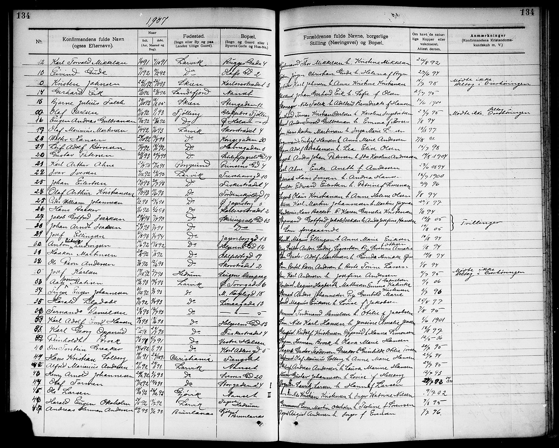 Larvik kirkebøker, SAKO/A-352/G/Ga/L0006: Parish register (copy) no. I 6, 1888-1917, p. 134