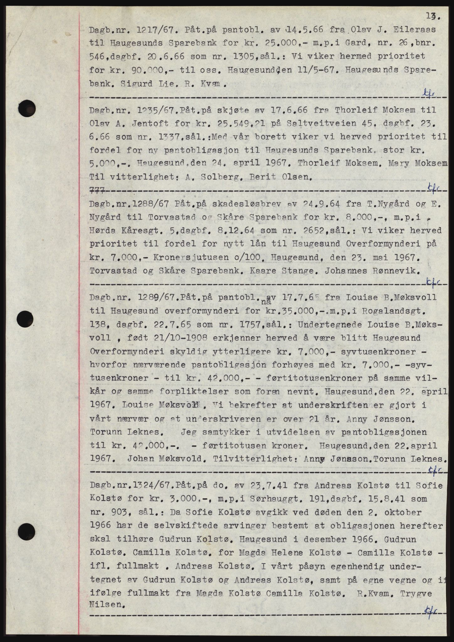 Haugesund tingrett, SAST/A-101415/01/II/IIC/L0056: Mortgage book no. B 56, 1966-1967, Diary no: : 1217/1967